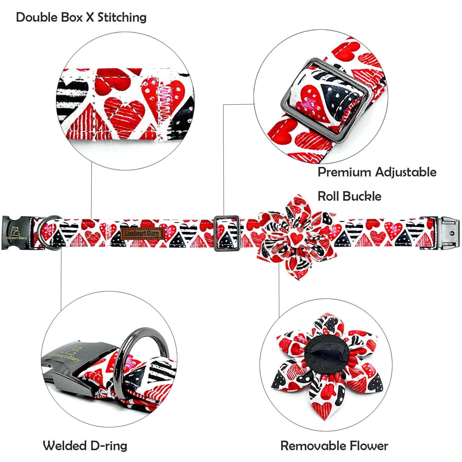 Lionheart Glory Valentine'S Day Dog Collar-Red Hearts Print Dog Collar With Flower For Small Dogs Spring Pink Cute Dog Bow Colla