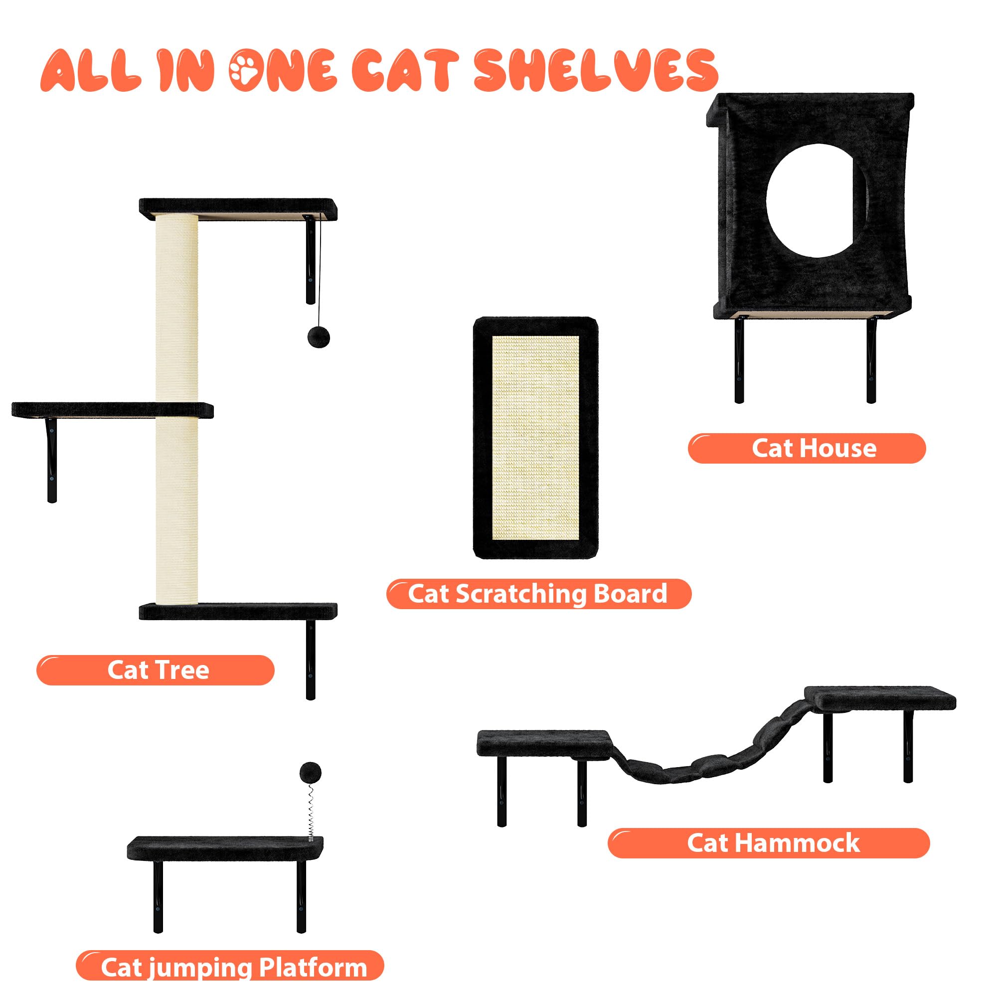 Nunu Lab Cat Wall Shelves Set, 5 Pcs Wall-Mounted Cat Climber With Cat House, Bridge, Scratching Post, Hammock, Wall Shelves, Bl