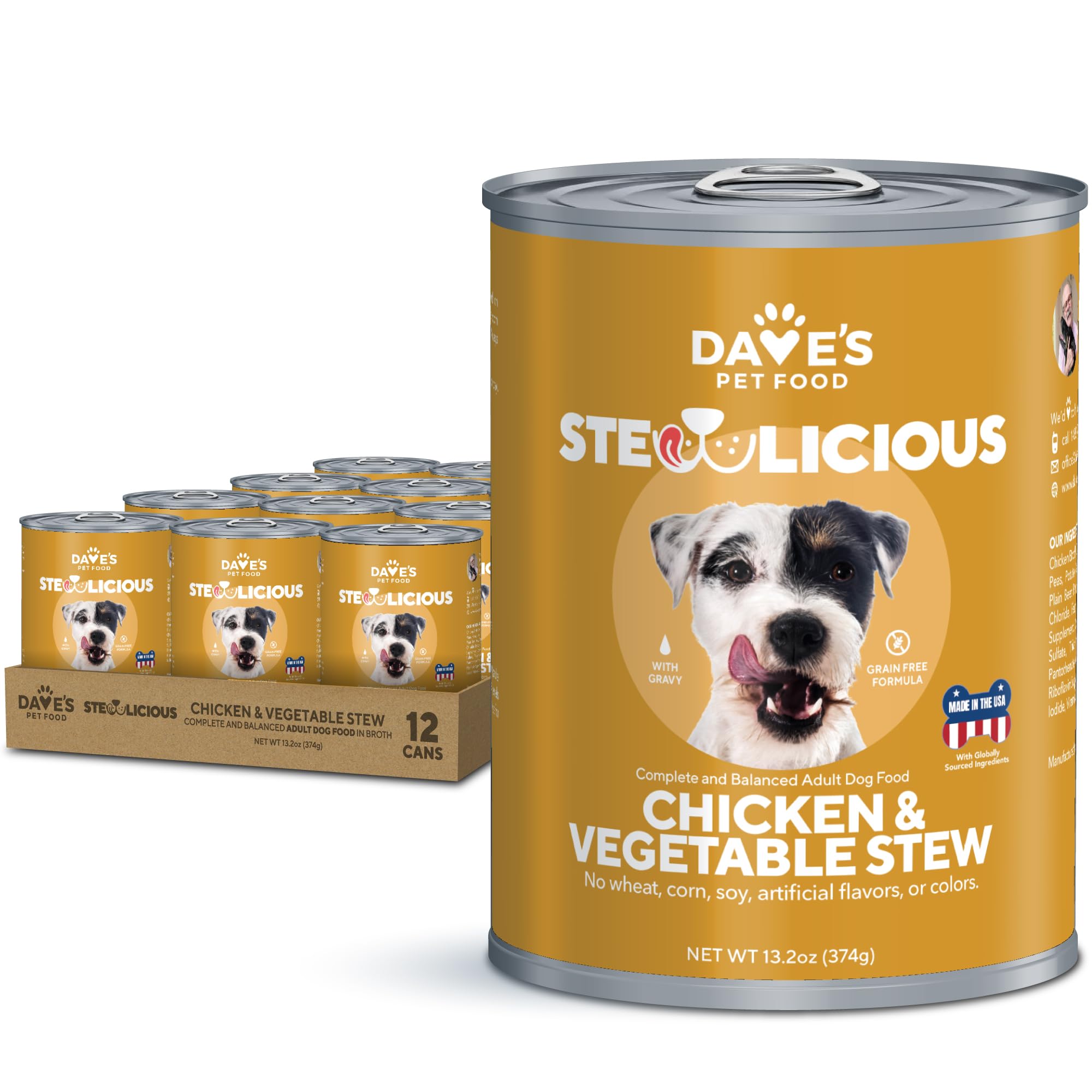 Daves Pet Food Stewlicious Grain Free Wet Dog Food (Chicken & Vegetable in Gravy), Made in USA Naturally Healthy Canned, Gluten