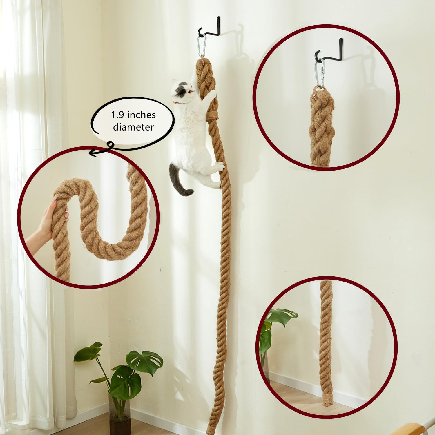 SHENGOCASE Cat Climbing Jute Rope 6.56Ft with Hook, Wall Mounted Furniture for Indoor/Outdoor, Durable Cardboard Material