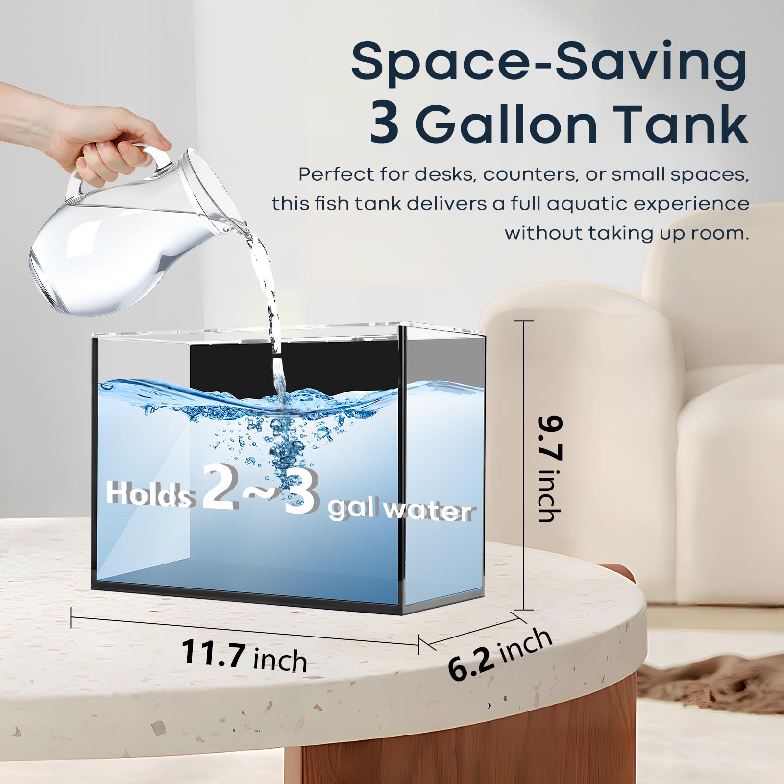 3 Gallon Glass Fish Tank Cube, Small Aquarium Fish Bowl for Betta Goldfish Snails Shrimp Aquatic Planting, Easy to Maintain Ultr