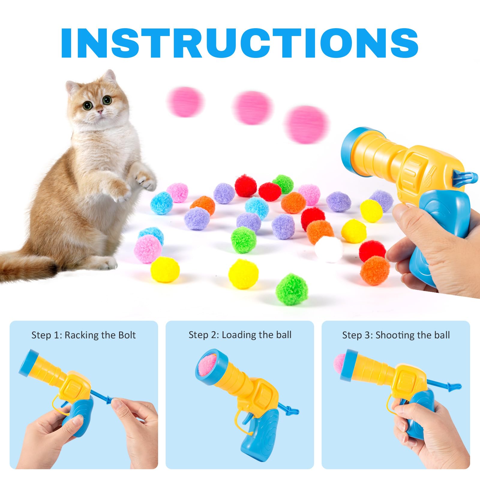 31Pcs Cat Ball Toy Launcher, 30Pcs Plush Fuzzy Balls, Cat Fetch Toy Gun Shooter For Indoor Kittens