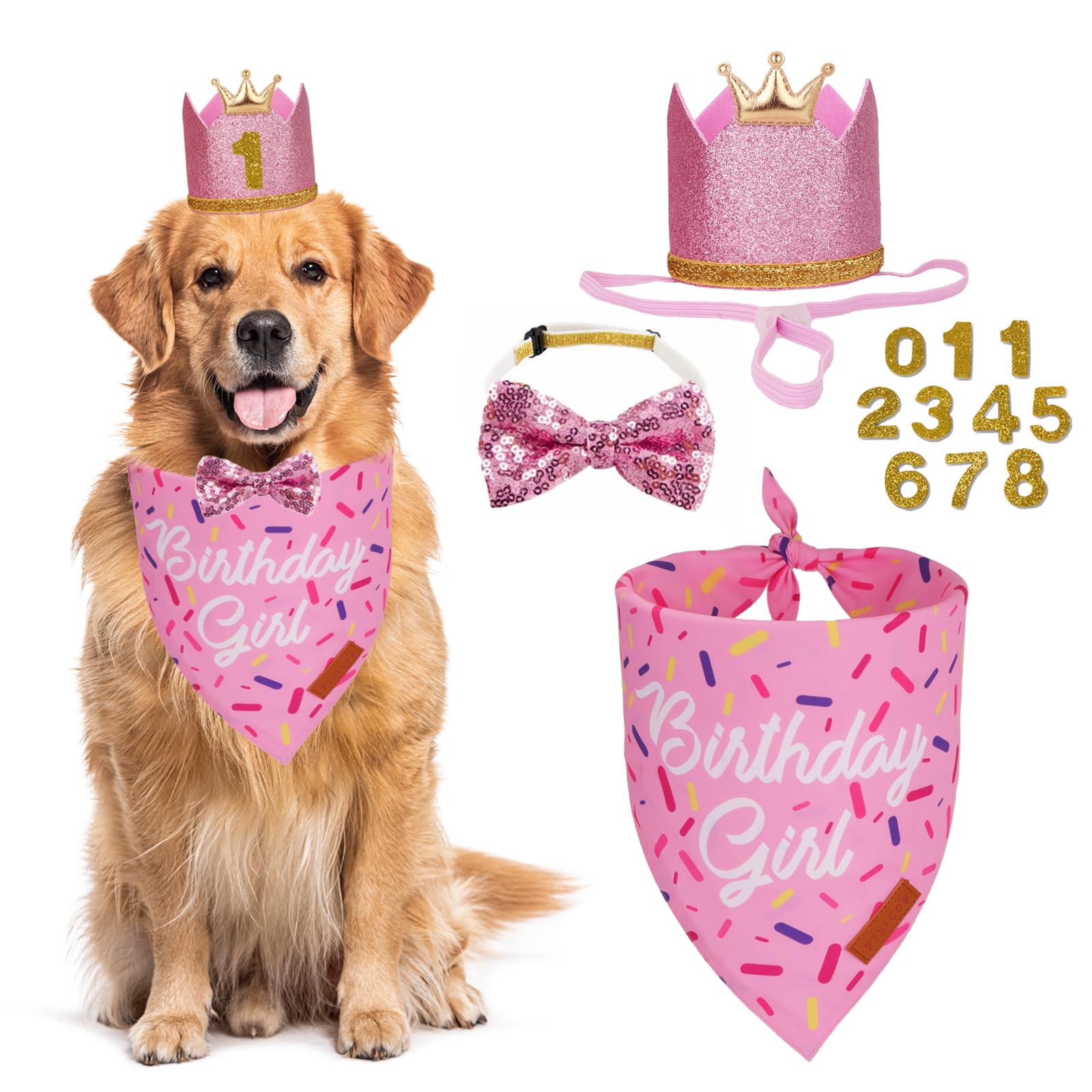 Ptdecor Dog Birthday Party Supplies, Multi Size Birthday Girl Bandana, Pink Crowns Hat Set For Large X-Large Pets (X-Large)