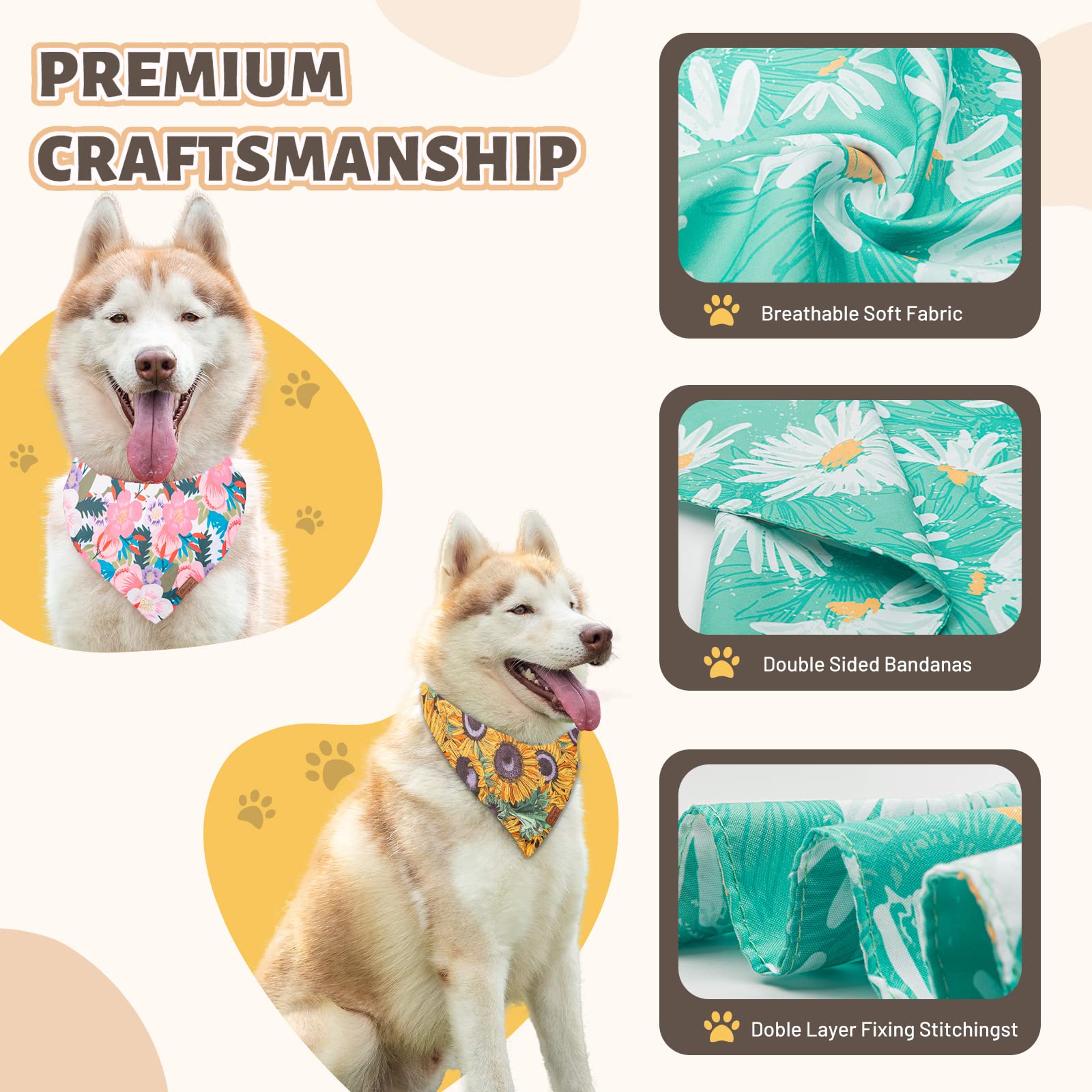 Charcy Bandanas 4 Pack, Fall Bandana For Boy Girl Dog Holiday Birthday, Adjustable Durable Scarf, Unique Design - Sunflower Tria