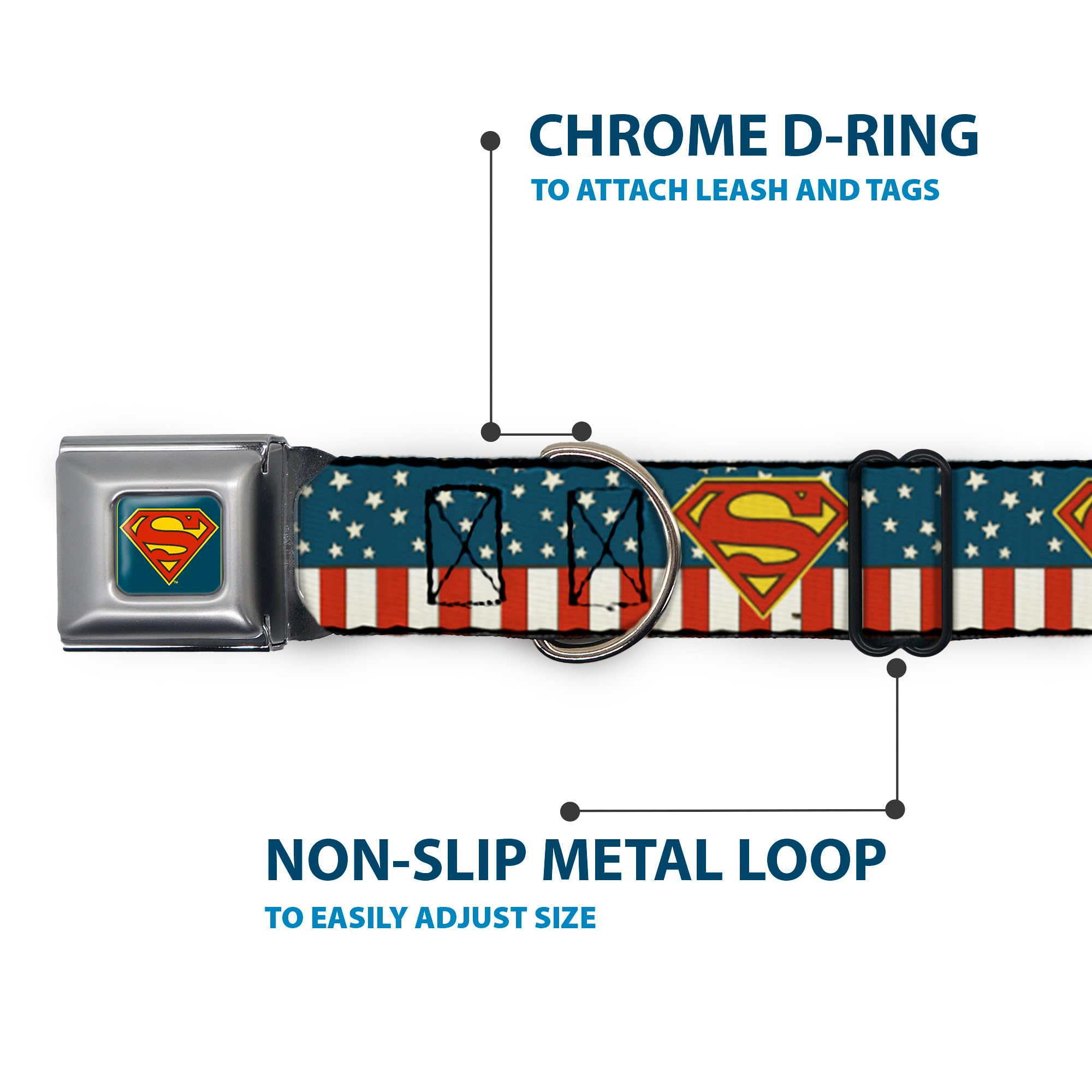 Buckle-Down Seatbelt Buckle Dog Collar - Superman Shield Americana Red/White/Blue/Yellow - 1' Wide - Fits 15-26' Neck - Large