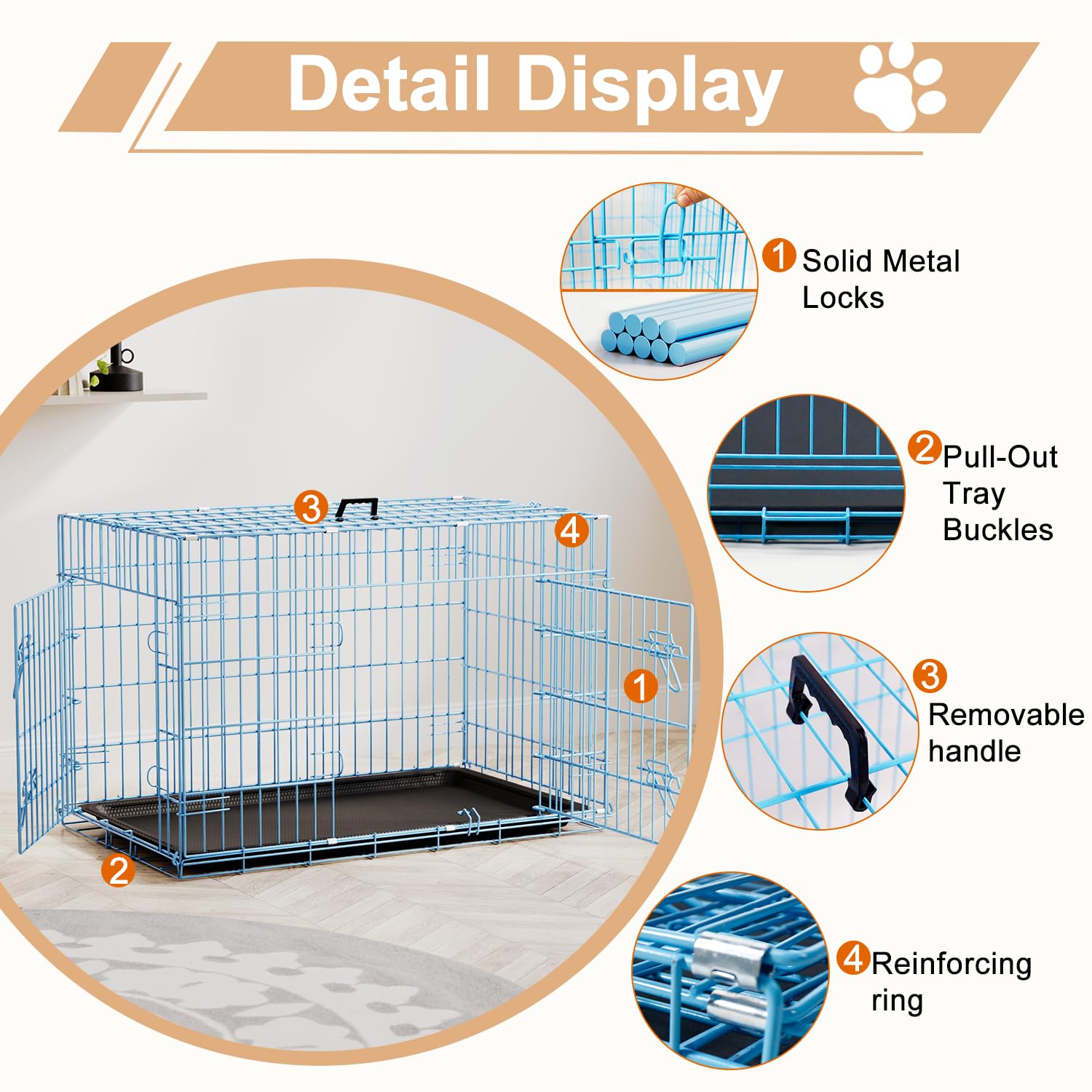 FDW Dog Crate 36inch Dog Cage Foldable Metal Kennel with Leakproof Tray Foldable Design Indoor Outdoor Use for Medium Dogs,Blue