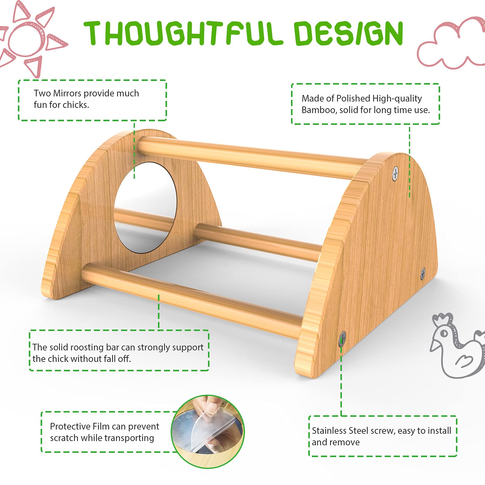 Ensayeer Mini Chick Perch With Mirror, Strong Bamboo Roosting Bar For Coop And Brooder, Training Perch For Baby Chicks, El Pollitos, La Pollita, Easy To Assemble And Clean, Fun Toys For Chick
