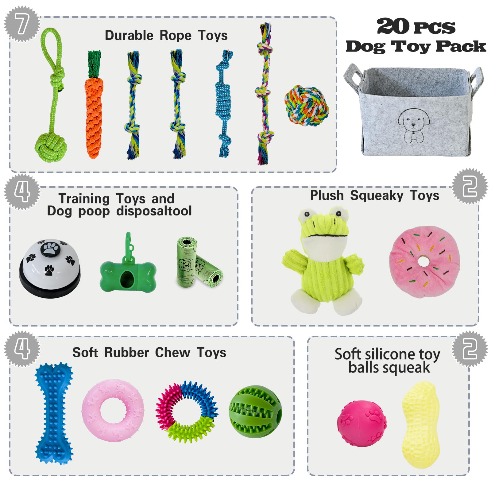 MRSOHRET Puppy Chew Toys Set - 20 Pack Natural Rubber Toys for Teething, Squeaky, Plush, and Rope Toys in Frog Style