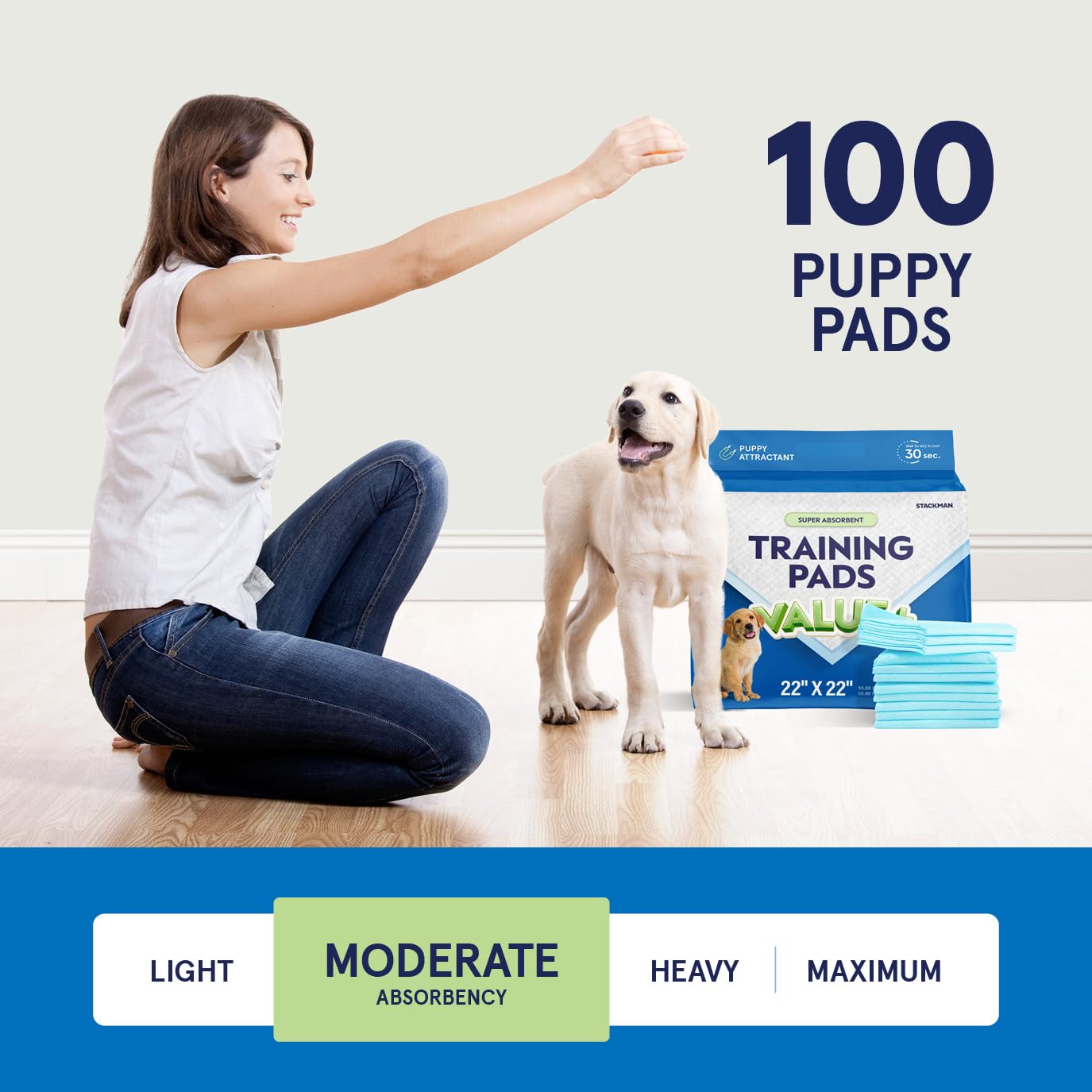 Stack Man Puppy Pads - 100-Count Leak-Proof Dog Pee Pads, Quick-Dry, 22" x 22", Blue