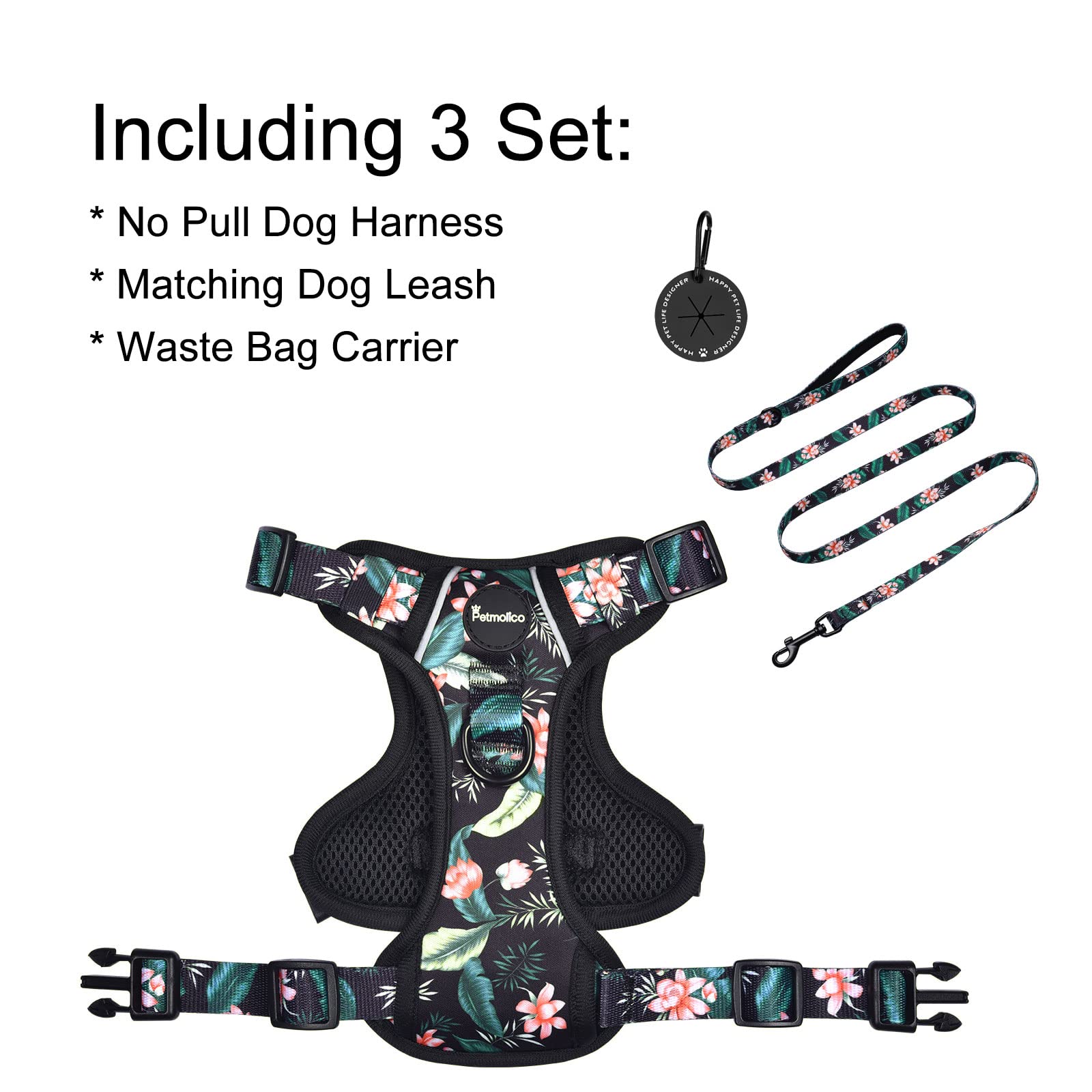 Petmolico Dog Harness For Small Dogs No Pull, Cute Dog Harness With Two Leash Clips And Soft Handle, Reflective Easy Walk Dog Harness With Leash, Black Lotus Small