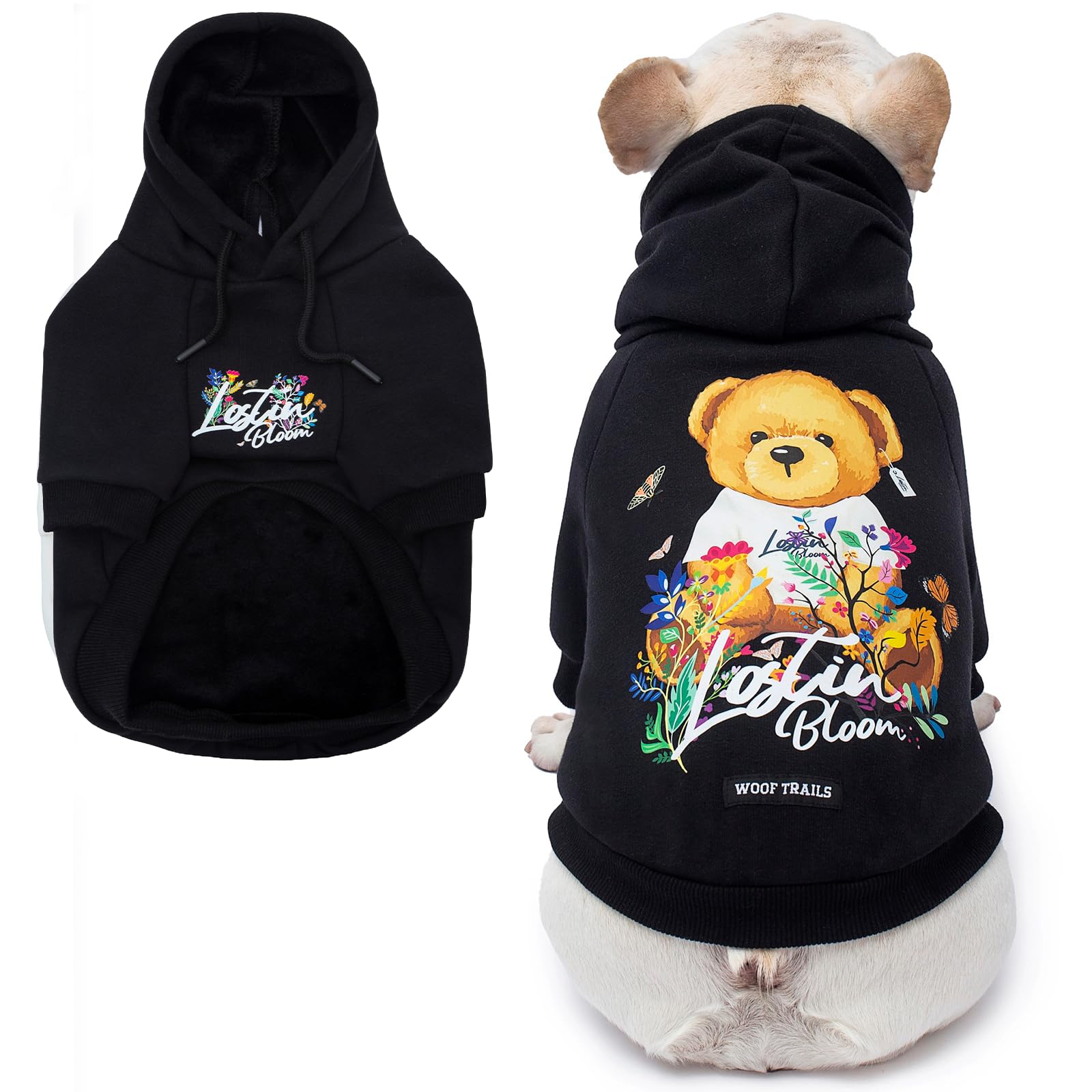 Blooming Teddy Dog Hoodie Dog Clothes Extra Warm Fleece Lining Stretchy Fit for Small Medium Dogs (Black, X-Large)