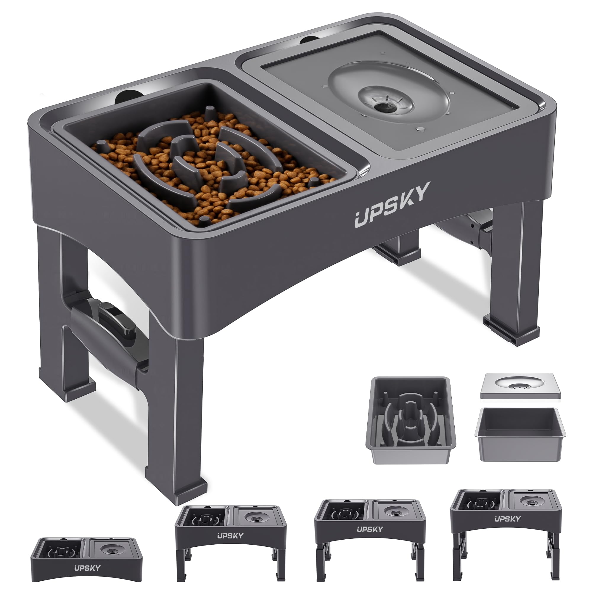 UPSKY 2-in-1 Elevated Dog Bowls Slow Feeder, 4 Height Adjustable Raised Bowl Stand, No Spill Water Dispenser, Anti-Slip Food and