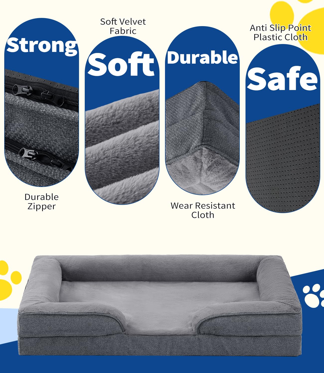 MADE 4 PETS Large Orthopedic Dog Sofa Bed, 42" Gray Egg-Crate Foam with Washable Waterproof Cover