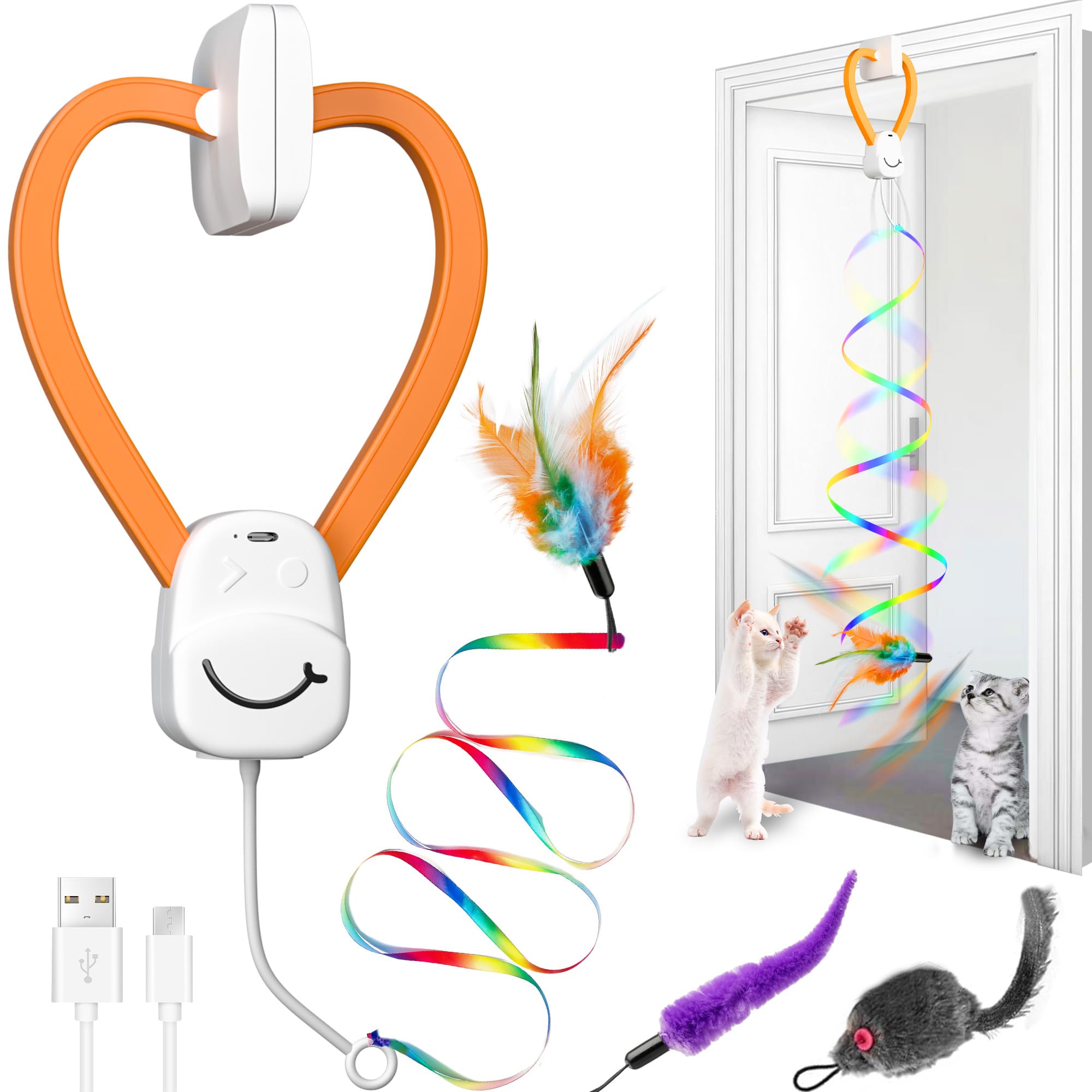 PANRIO Interactive Cat Toy,Automatic Cat Toy for Indoor Cats,Hanging Door Clip Ribbon 360 Rotation,Feather & Rainbow Cat Stimula