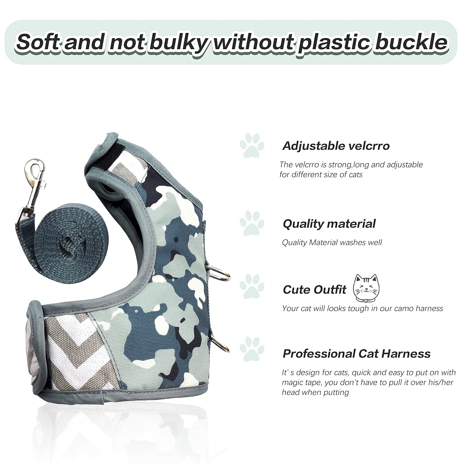 Yizhi Miaow Cat Harness And Leash For Walking Escape Proof, Adjustable Cat Vest Harness, Padded Stylish Cat Walking Jackets, Gre