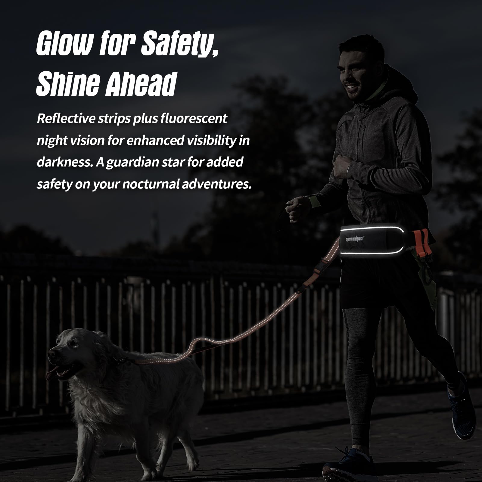 QINWEIKOO Premium Hands-Free Dog Leash, Adjustable Waist Belt, Shock Absorbing, Reflective, for Dogs up to 125 lbs, Black&Orange