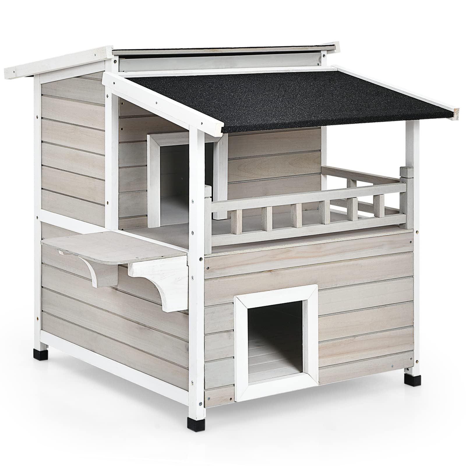 Petsite 2-Story Outdoor Cat House Weatherproof, Wooden Cat Shelter For Multiple Feral Cats