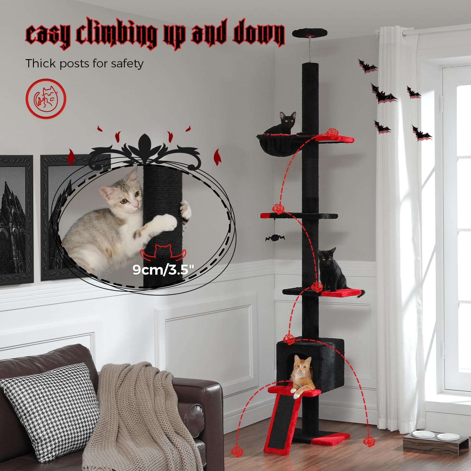 Petepela Floor To Ceiling Cat Tree, Gothic Cat Tower 5 Tiers Tall (83-108 Inches) Adjustable Height, Cats Climbing Tree Featurin