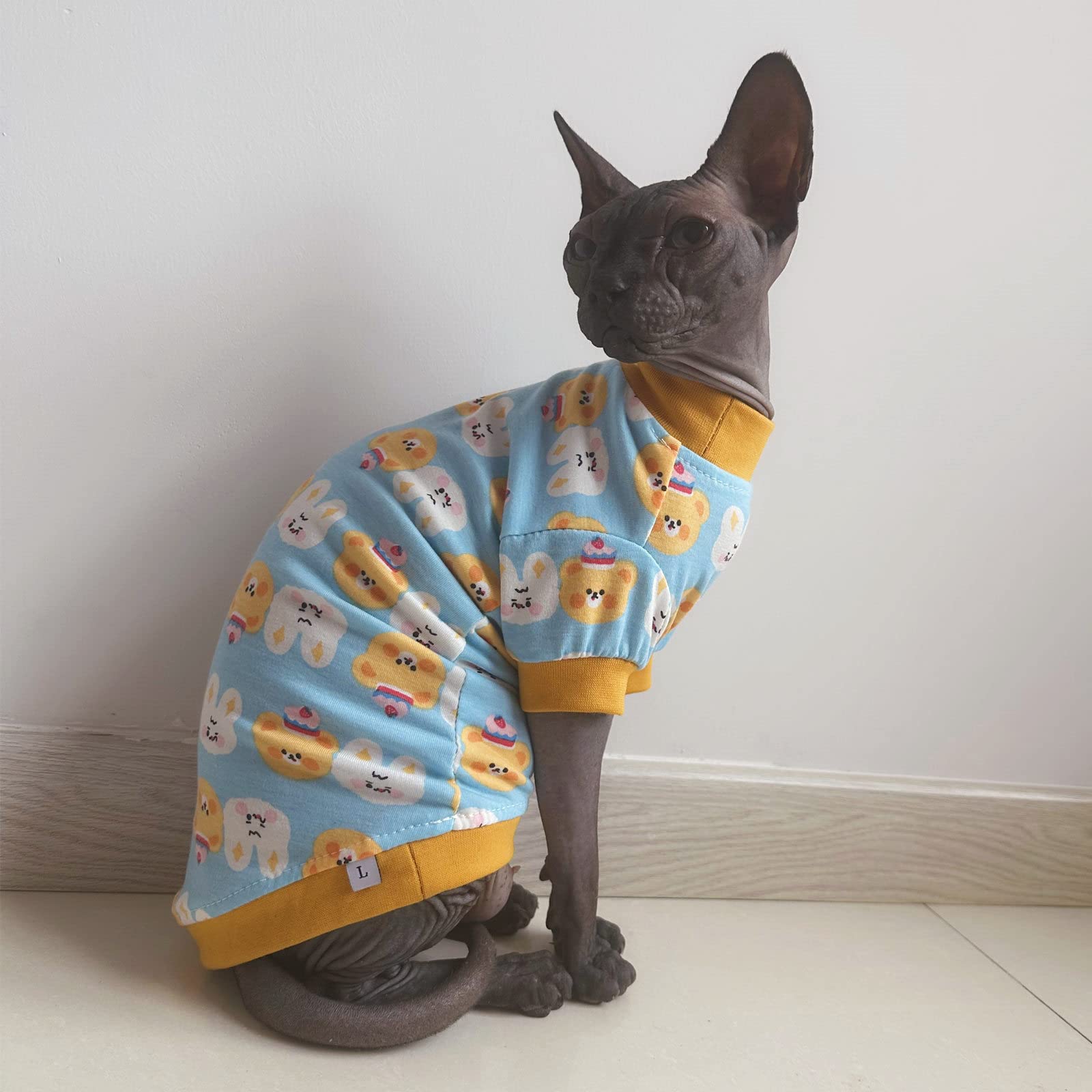 Sphynx Hairless Cat Cute Summer Cotton T-Shirts Pet Clothes,Round Collar Kitten Shirts Cats Apparel (Bear & Bunny, Medium (Pack
