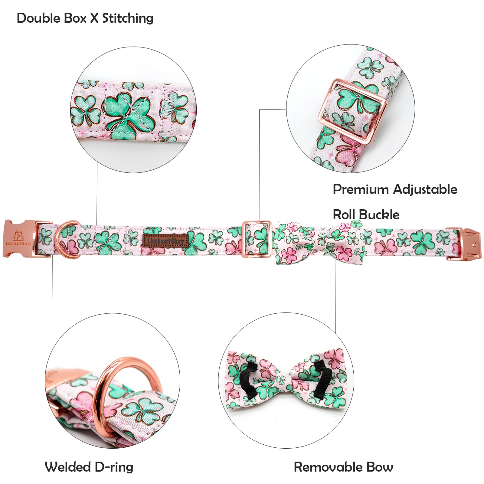 Lionheart Glory Dog Bow Collar St. Patrick'S Day Dog Collar For Small Dogs, Adjustable Green Collars Lucky Clover Shamrock Dog C