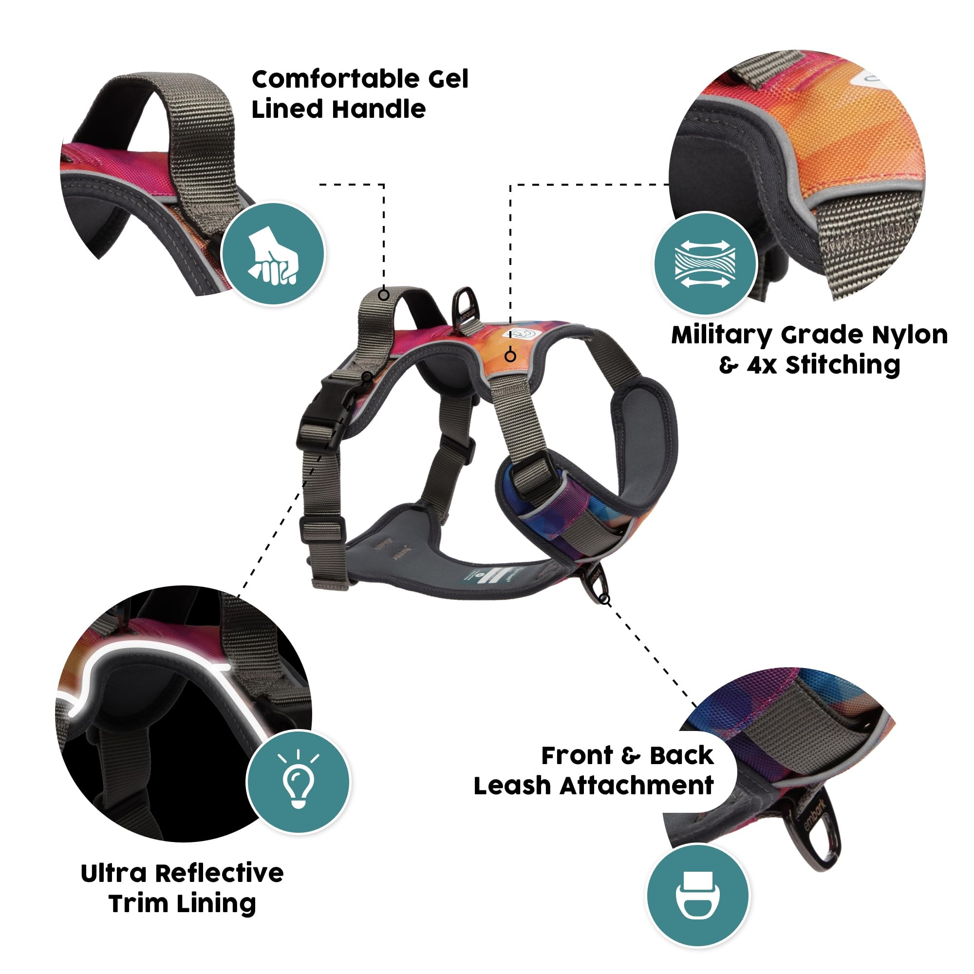 Embark Urban Dog Harness, Reflective Trim No Pull Dog Harness For Large Dogs - Military Grade Nylon, Front Clip Dog Harness With Gel Lined Handle. Soft & Padded Puppy Dog Harnesses For Any Breed
