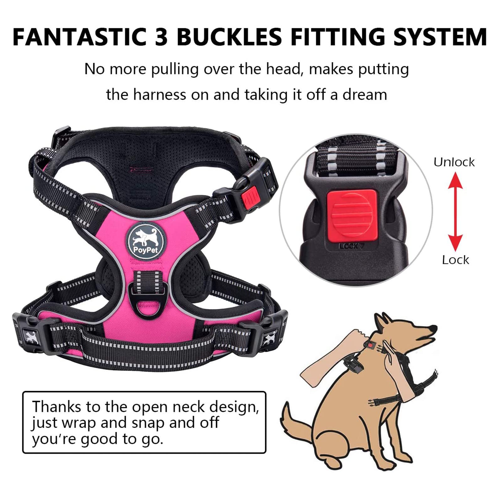 Poypet No Pull Dog Harness, No Choke Front Lead Dog Reflective Harness, Adjustable Soft Padded Pet Vest With Easy Control Handle For Small To Large Dogs(Pink,S)