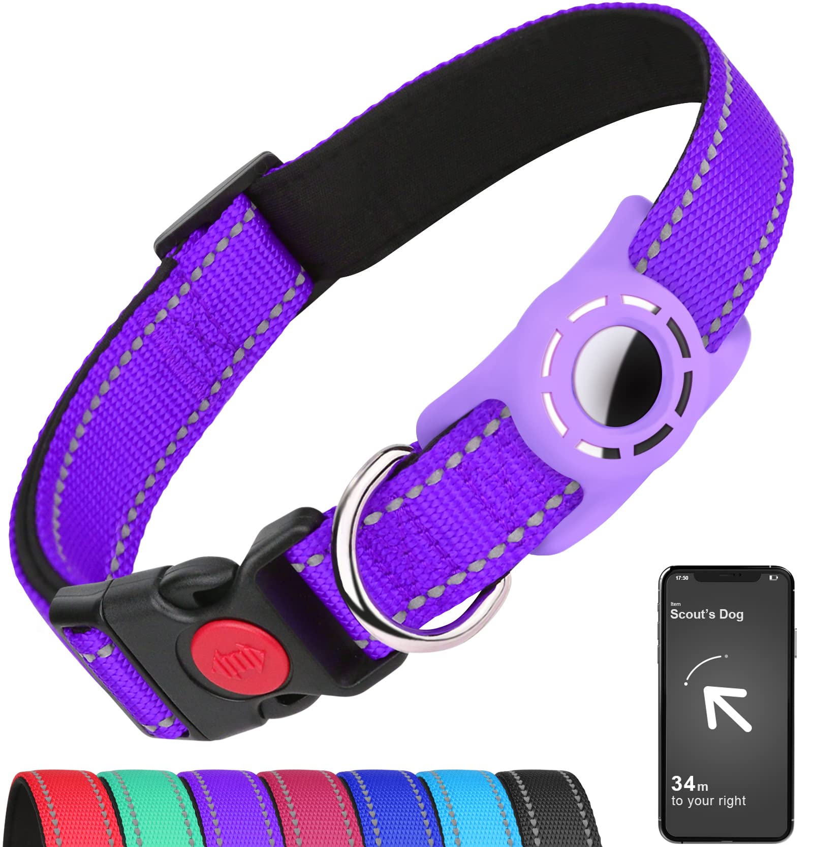 Erbine Airtag Dog Collar For Medium Dogs, Reflective Dog Collars With Airtag Holder, Soft Padded & Safety Locking Buckle, Nylon Pet Collar Adjustable For All Breeds, Purple