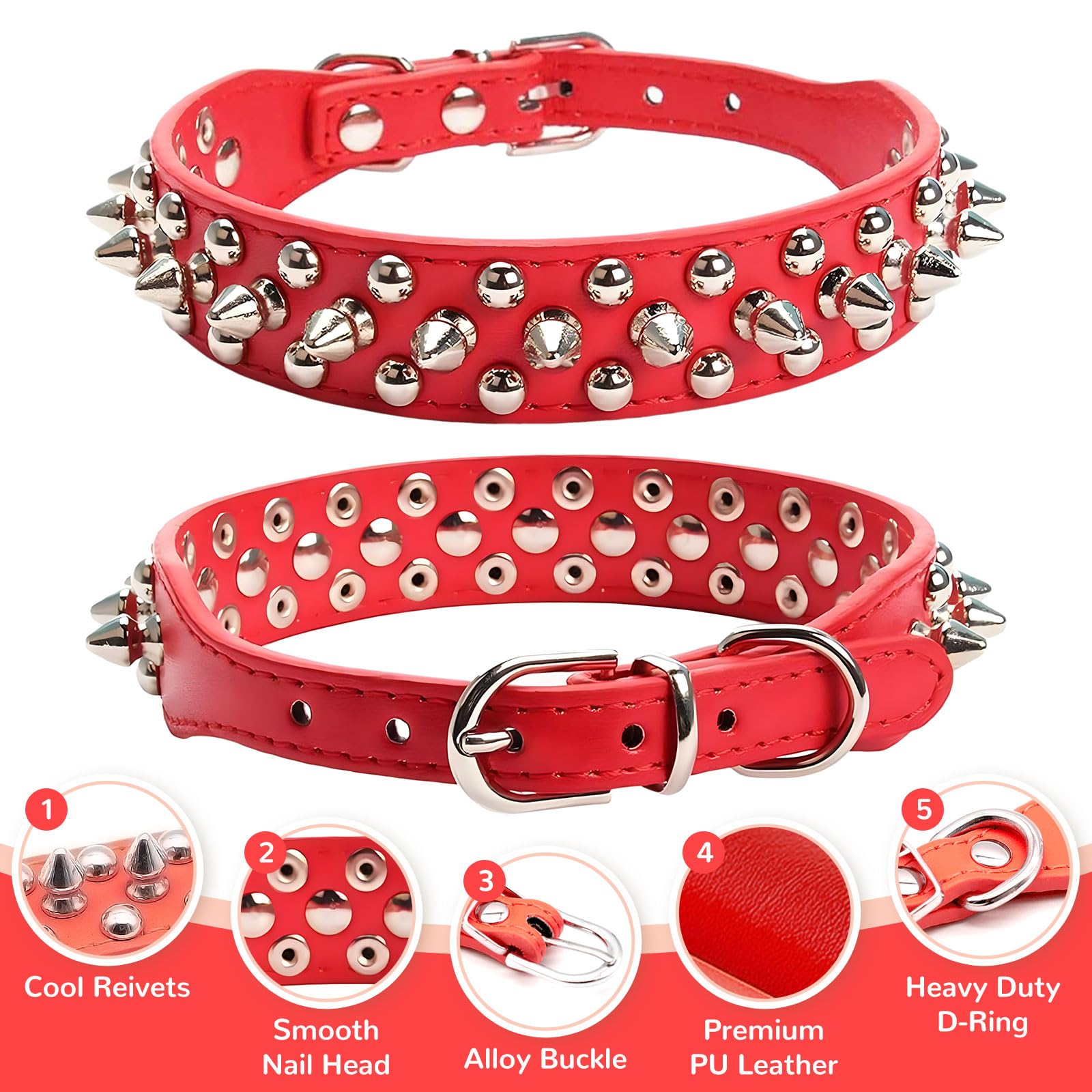 Petcare Spiked Dog Collar Red Soft Pu Leather Funny Mushrooms Rivet Spike Studded Puppy Collar Adjustable Outdoor Pet Dog Collar