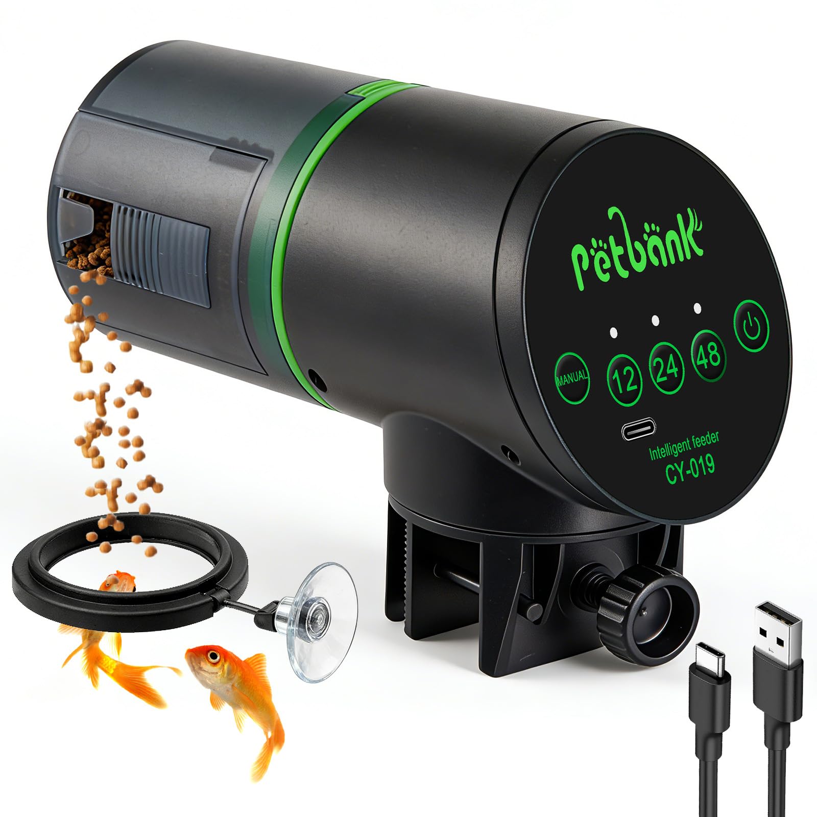 Petbank Automatic Fish Feeder - Rechargeable Fish Food Dispenser for Small & Large Tanks, USB Charger, 12/24/48H Timer, Black, Model CY-009