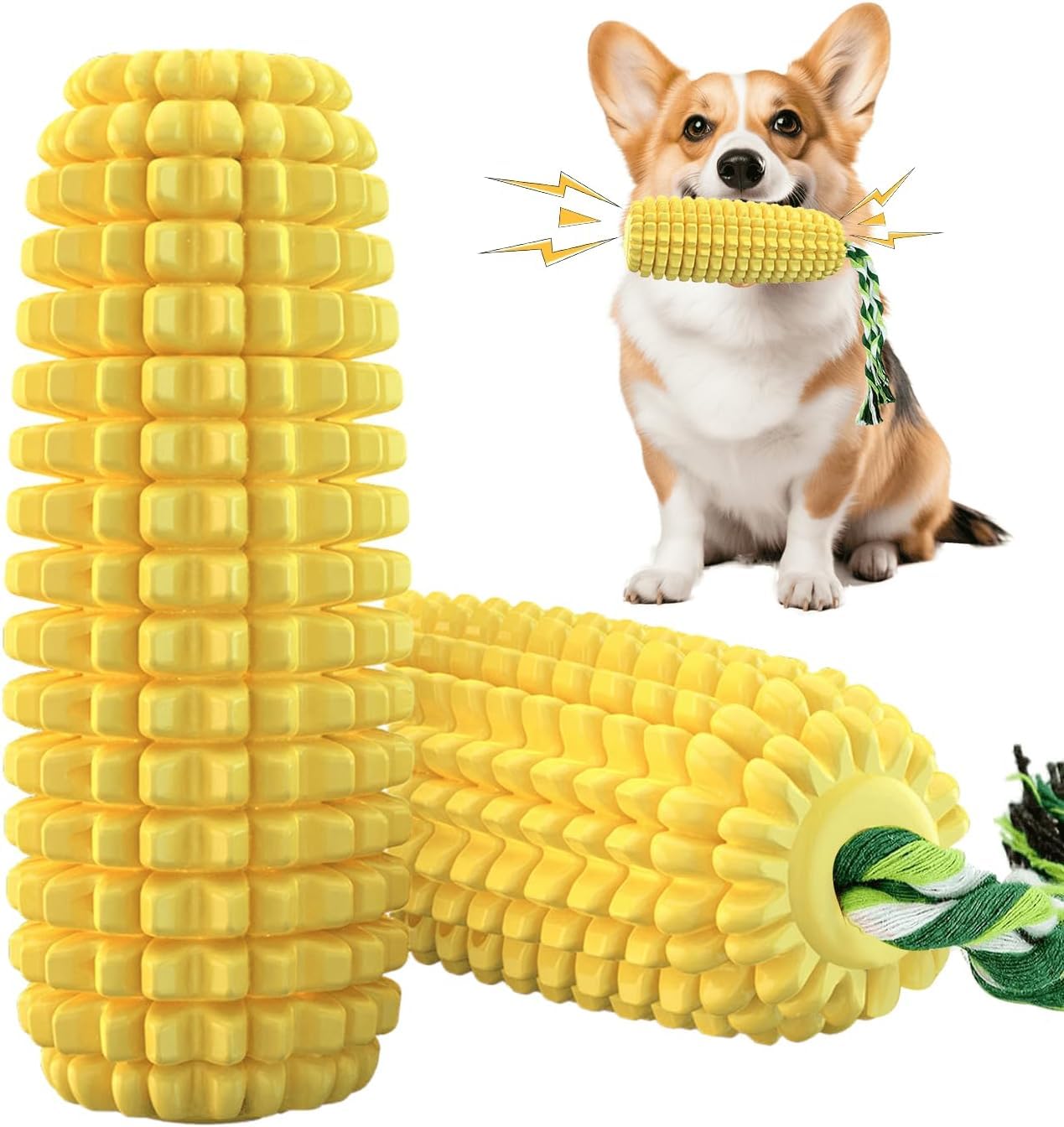 Bhrakuti Dog Chew Toy For Teeth Cleaning  Unbreakable Corn Shape Natural Rubber Puppy Teething Toy With Cotton Rope, Squeaky De