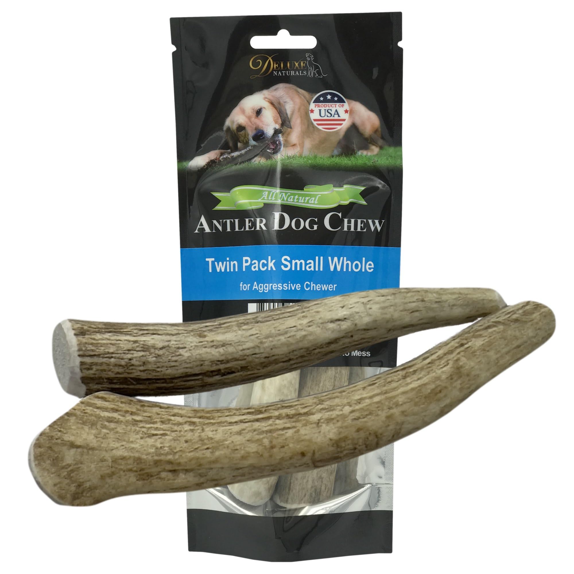 Deluxe Naturals 2-Pack Small Whole Elk Antler Dog Chews (5 to 7+ in) for Small Dogs Under 20 lbs, Long Lasting Natural Dog Bones