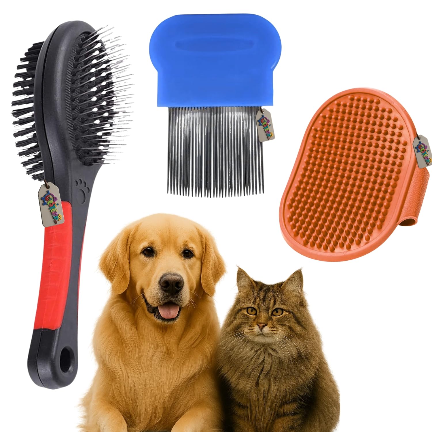 Western Era 3 In 1 Pet Bathing Grooming Combo For Dogs & Cats | Double Side Plastic Handle Brush | Palm Size Flea, Tick Comb, Lo