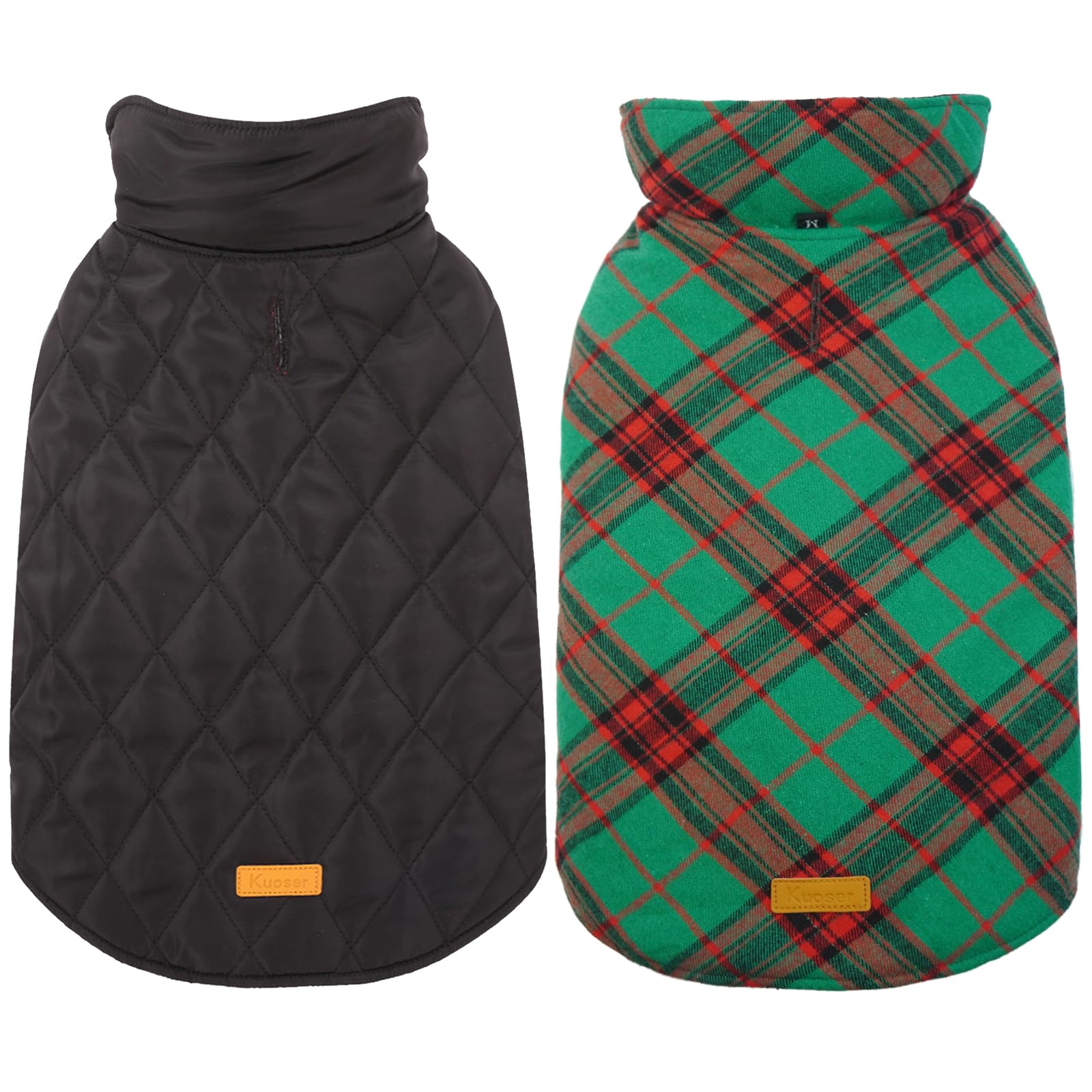 Kuoser Warm Dog Coat, Reversible Dog Jacket Waterproof Dog Winter Coat British Style Plaid Dog Clothes Pet Dog Cold Weather Coats Cozy Snow Jacket Vest For Small Medium Large Dogs Christmas Green L