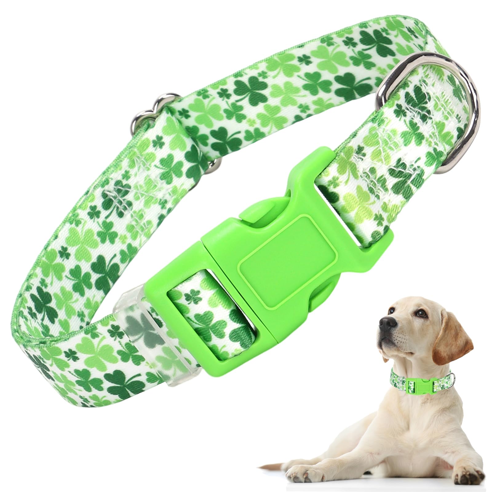 Dog Collar For Large Dogs, Irish Green Shamrock Clovers Dog Collar For Boy & Girl Dogs, Adjustable Heavy Duty Nylon Collar With 