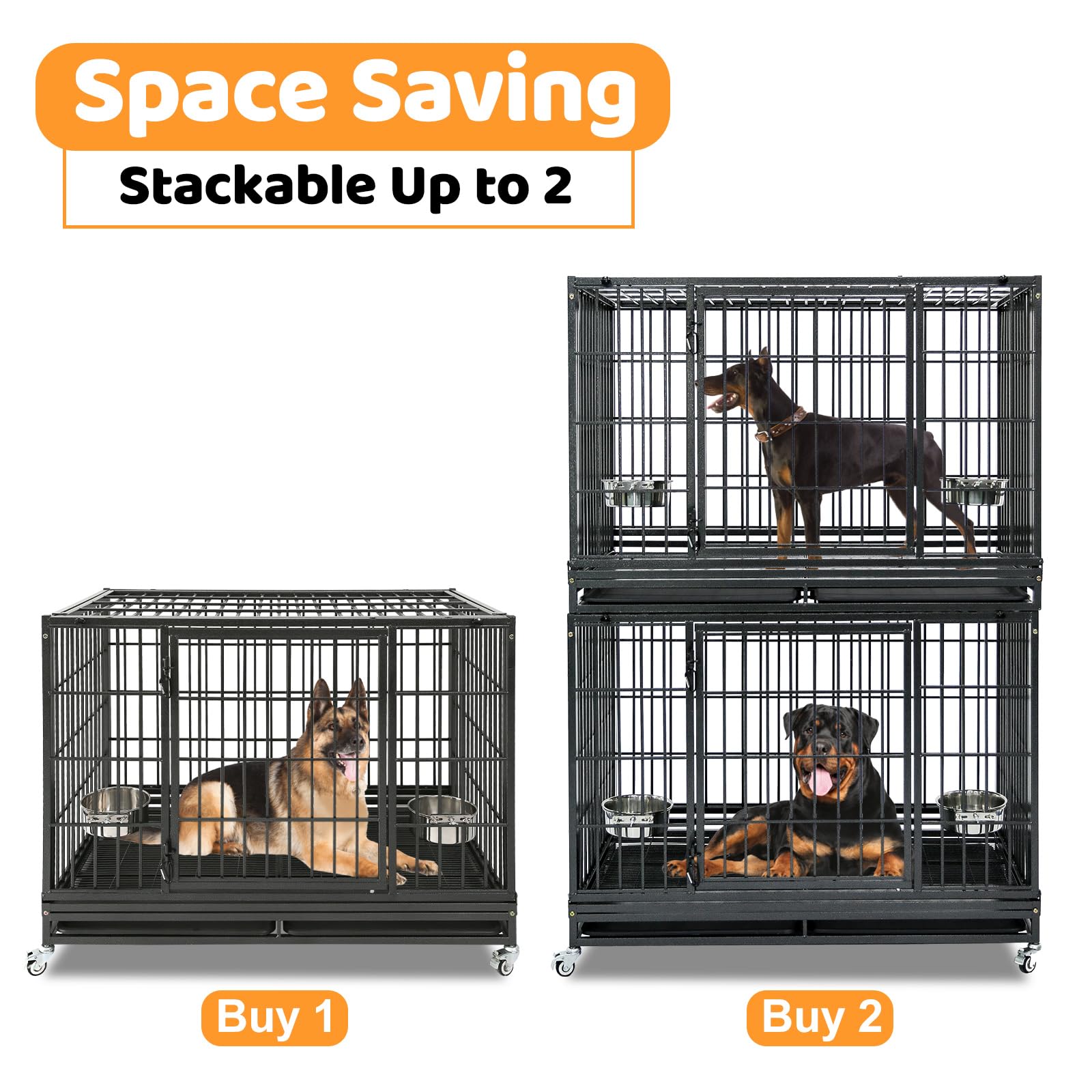 Homey Pet 48 Inch Stackable Heavy Duty Dog Crate Indestructible, Escape Proof Dog Cage With Wheels, Two Removable Trays, High An