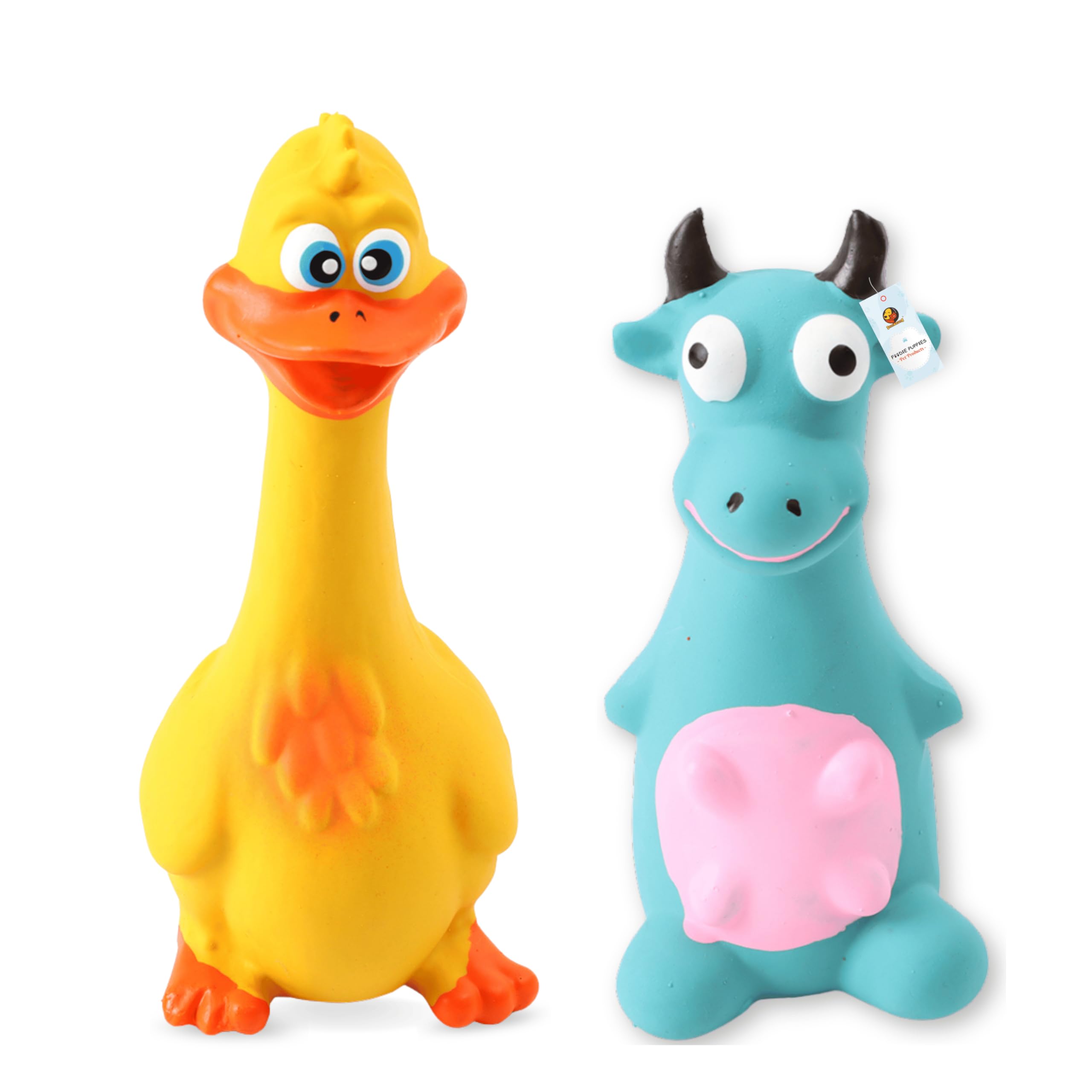 Foodie Puppies Latex Squeaky Dog Toys Combo  (Blue Bull + Yellow Duck) | Durable, Animal Design Chew Toy for Teething, Fetching