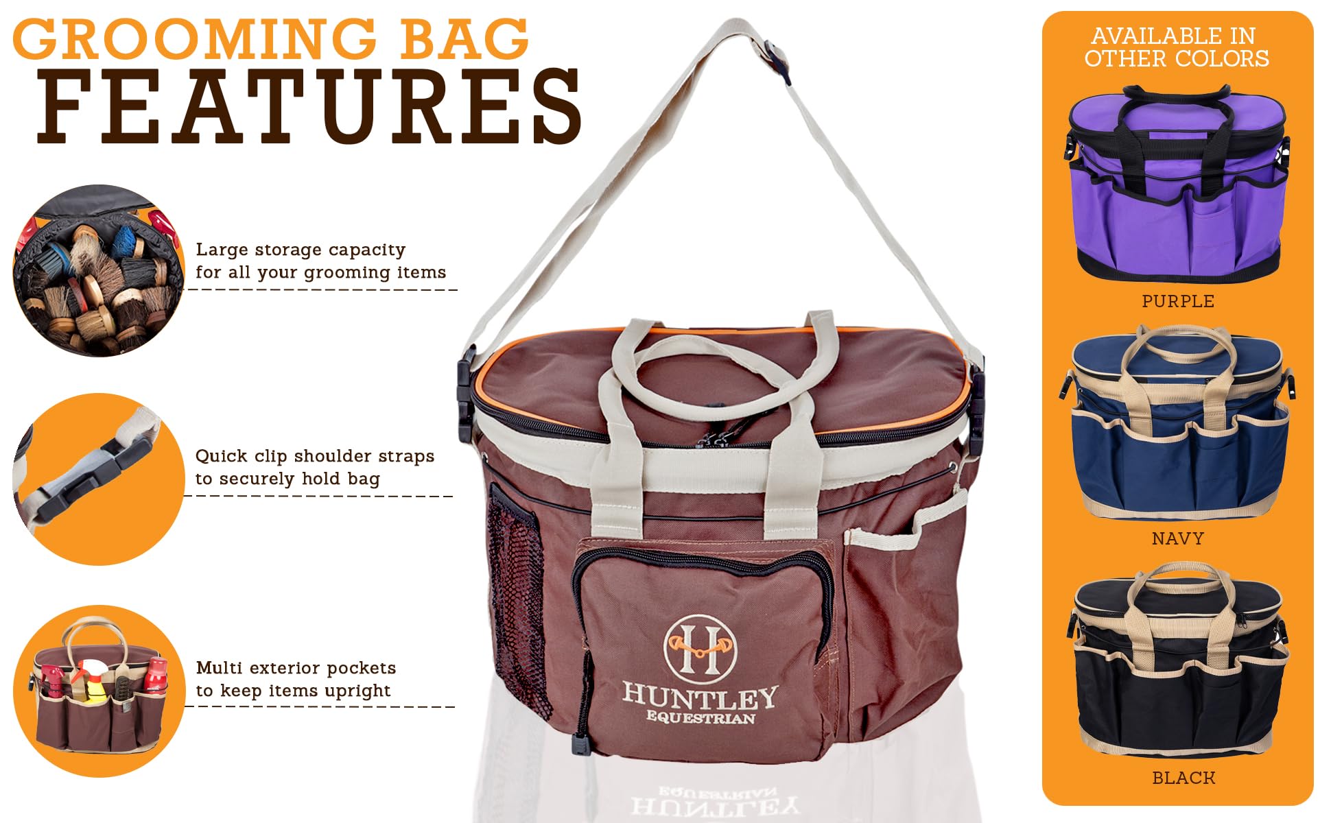 Huntley Equestrian Deluxe Grooming Bag Perfectly Designed Easy Access Multi Pocket Zipper Top Closure Double Handles Shoulder Strap Exterior Pockets - Brown