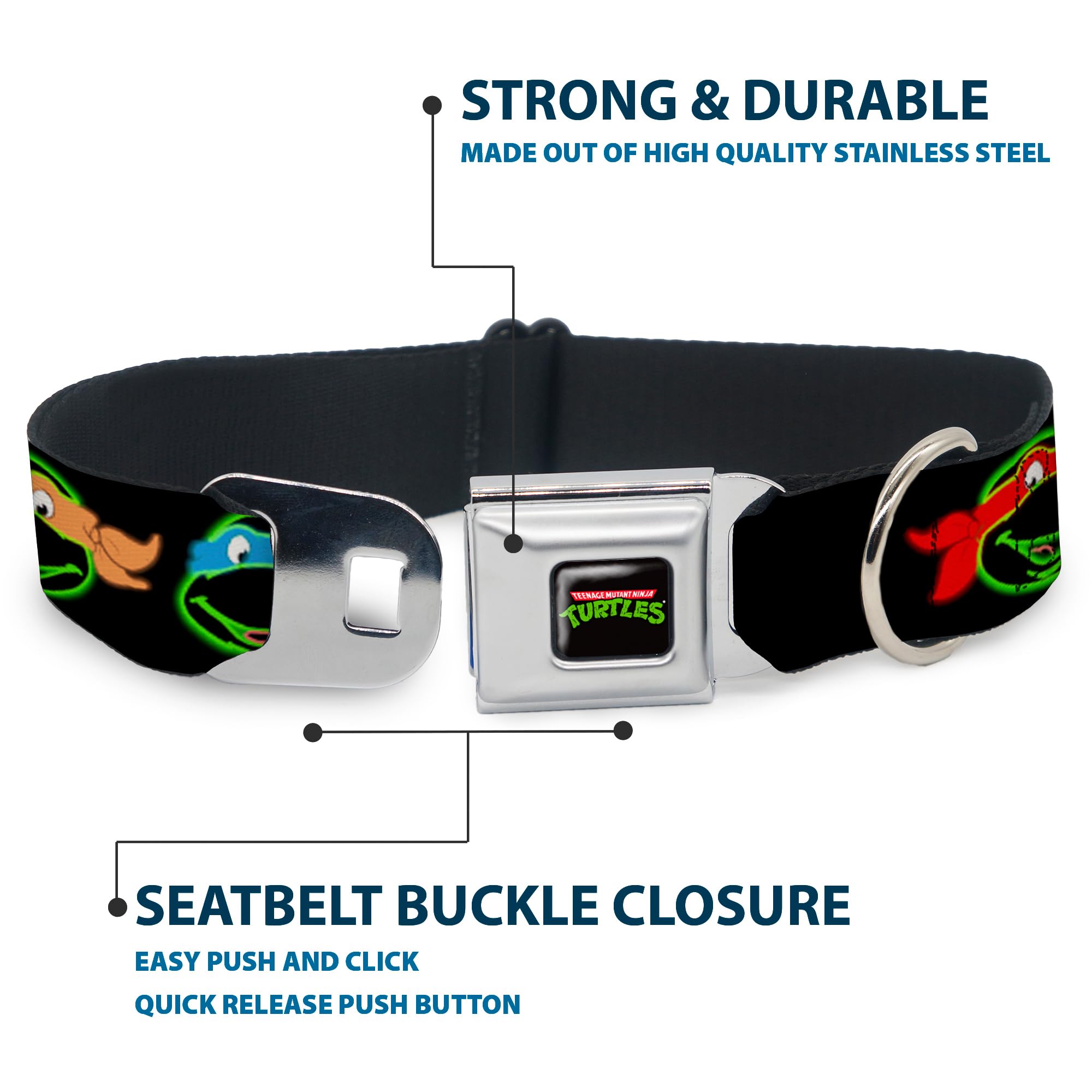 Buckle-Down Seatbelt Buckle Dog Collar - Classic Tmnt Electric Expressions Black/Multi Neon - 1' Wide - Fits 9-15' Neck - Smal