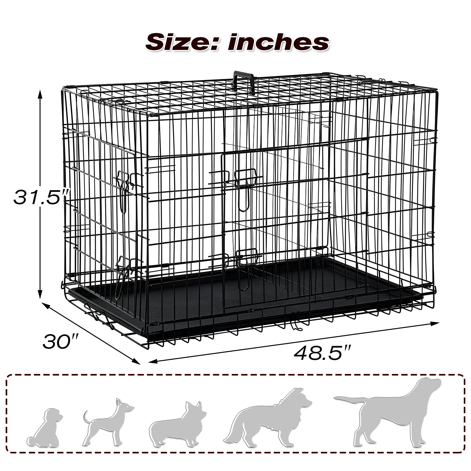 Hcy, Dog Crate, Dog Kennel 48 Inch Double Door Metal Crate Foldable Puppy Supplies Cage With Divider Panel, Handle, Plastic Tray