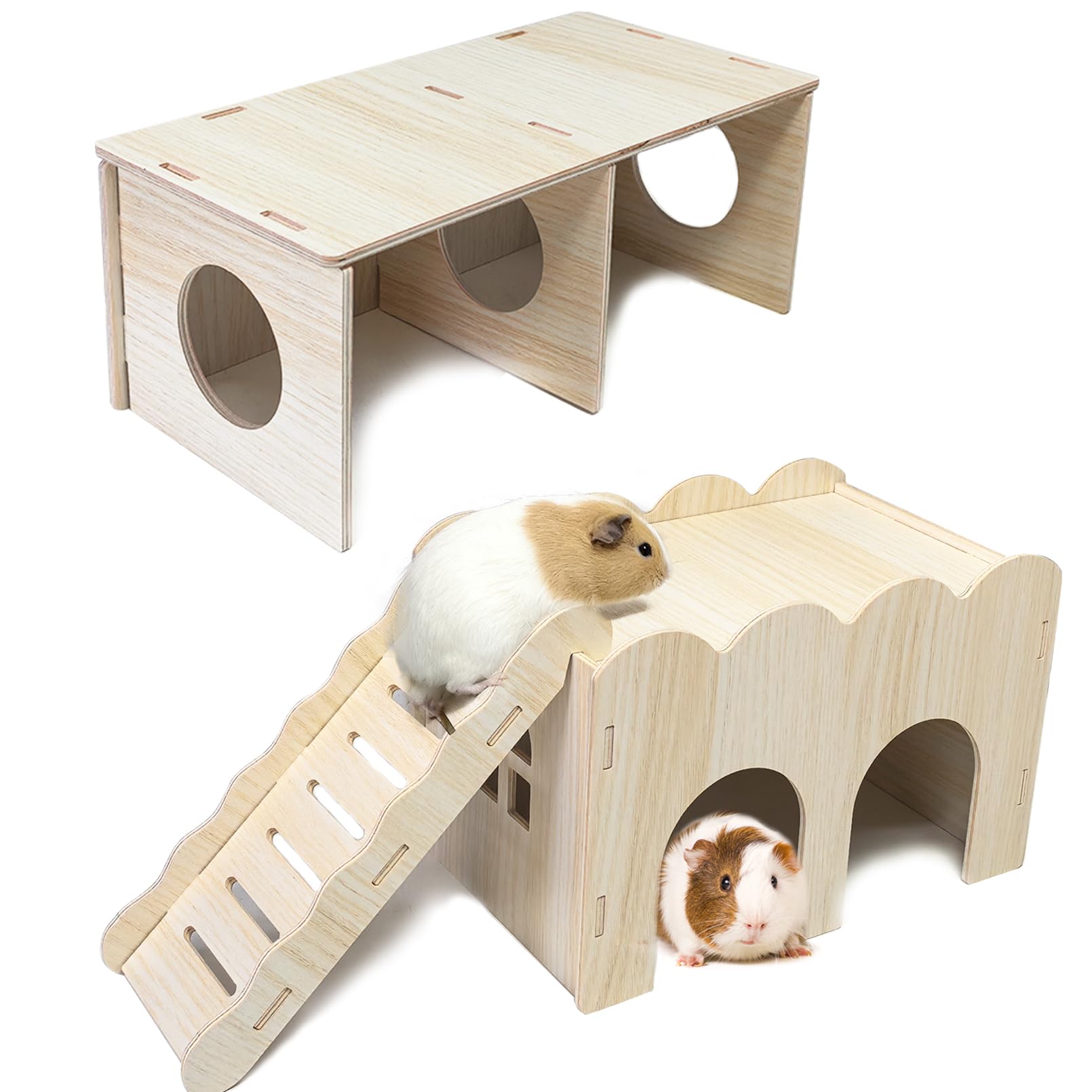 2 PCS Large Wooden Syrian Hamster Hideout Multi-Chamber Tunnel Set Hamster House Hiding Maze Platform Stuff Exploring Toy Cage A