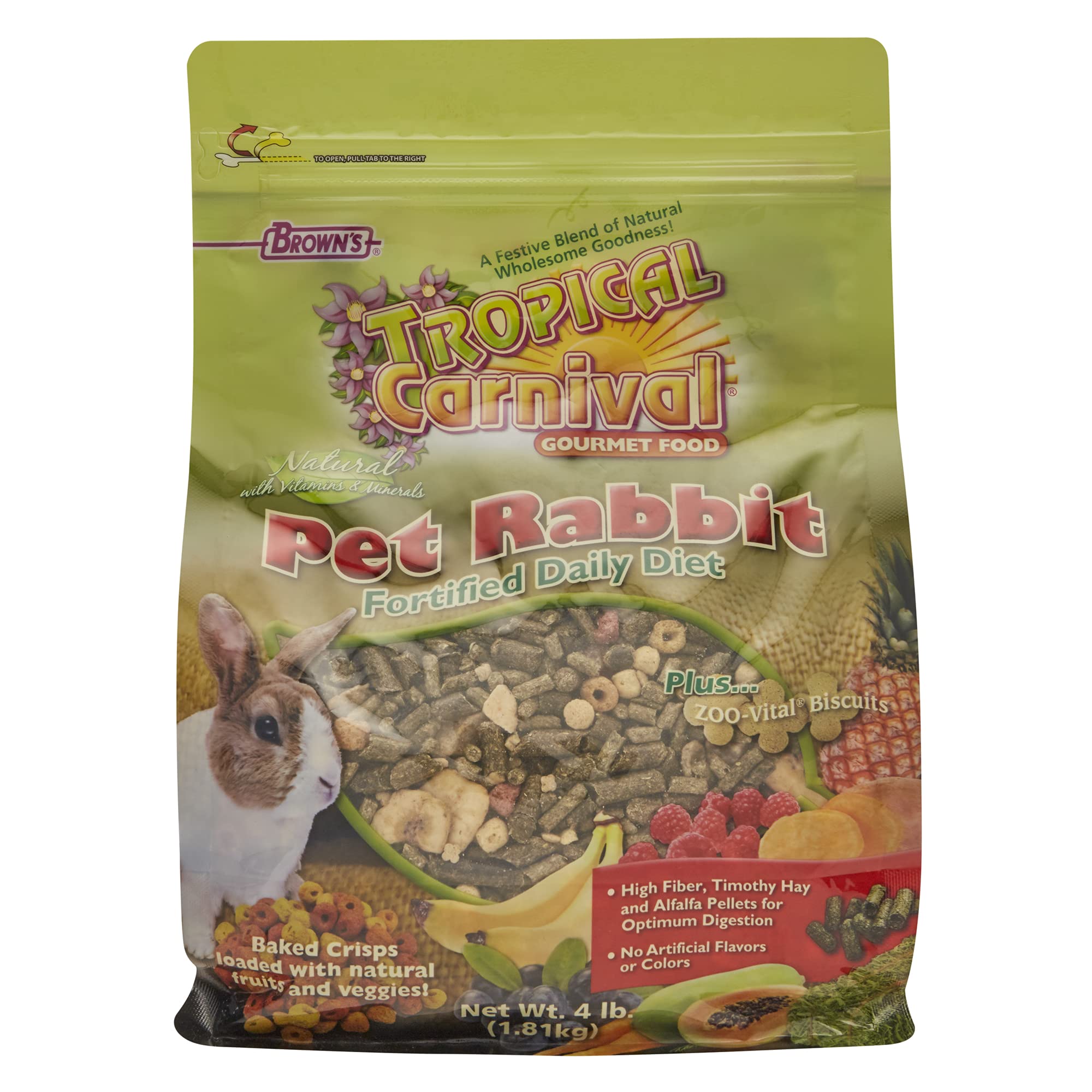 F.M. Browns Tropical Carnival Natural Rabbit Food, 4-lb Bag - Vitamin-Nutrient Fortified Daily Diet with High Fiber Timothy Hay