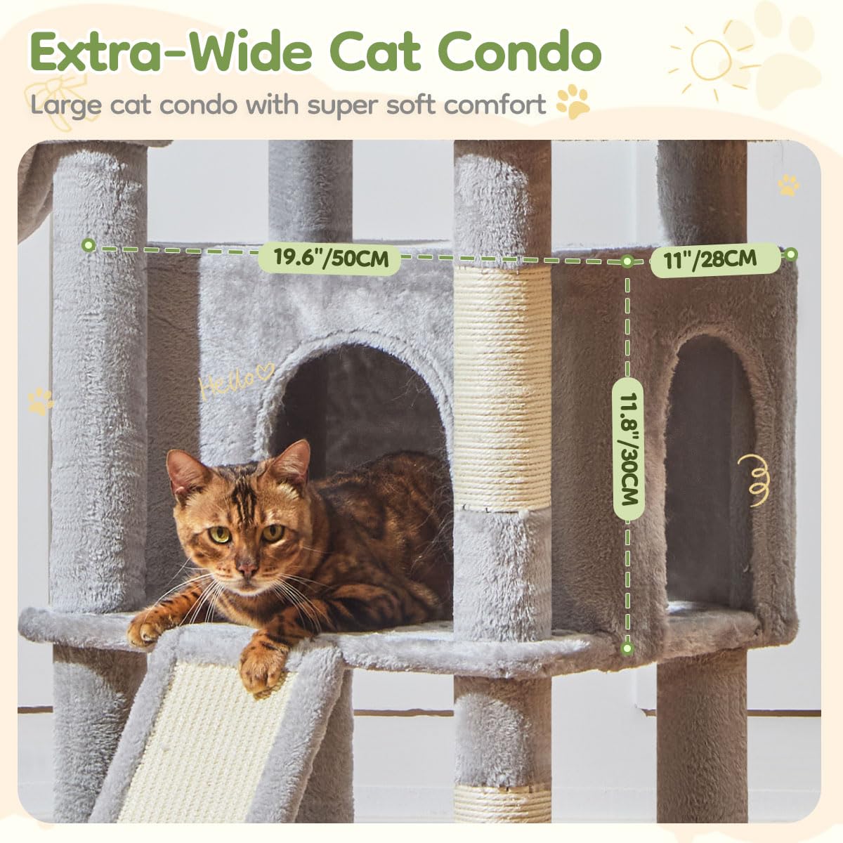 Taoqimiao Cat Tree for Large Cats, 72-Inch Multi-Level Tower, Light Gray, Plush, Model MS045W, with Scratching Posts and Cozy Basket