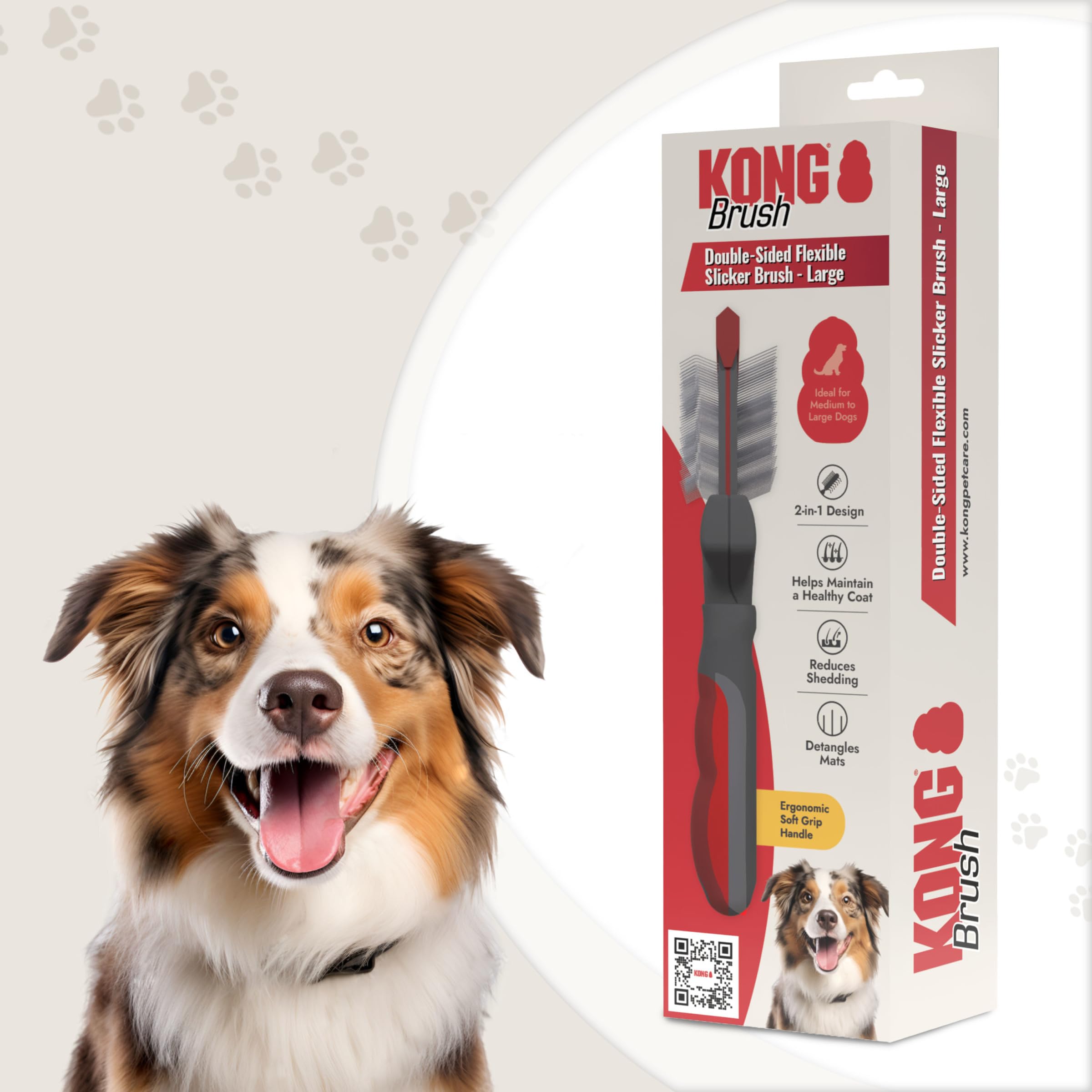 KONG Double-Sided Flexible Slicker Brush - De-Shedding & Detangling Tool, Padded Grip, Long Metal Pins, Flexible Head, for Mediu