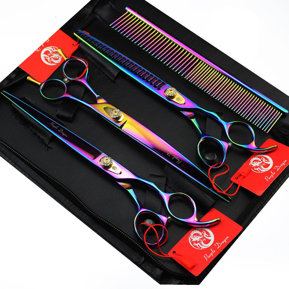 Purple Dragon 7.0''/8.0'' 3 In 1 Top-Level Professional Pet Grooming Thinning Or Chunker Scissors - Downward Curved Shears And D