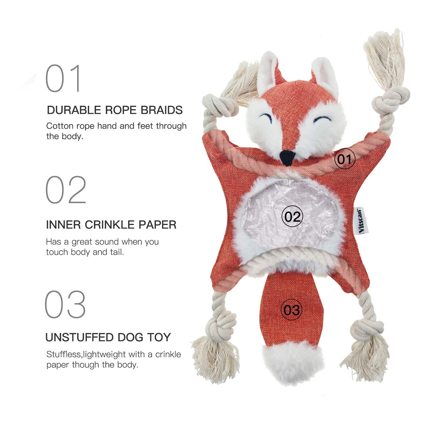 Fox Dog Toy With Squeaker, Stuffless Dog Toy Crinkle Hunting Dog Toy Plush Durable Dog Squeaky Toys Cotton Rope Dog Toy Througho