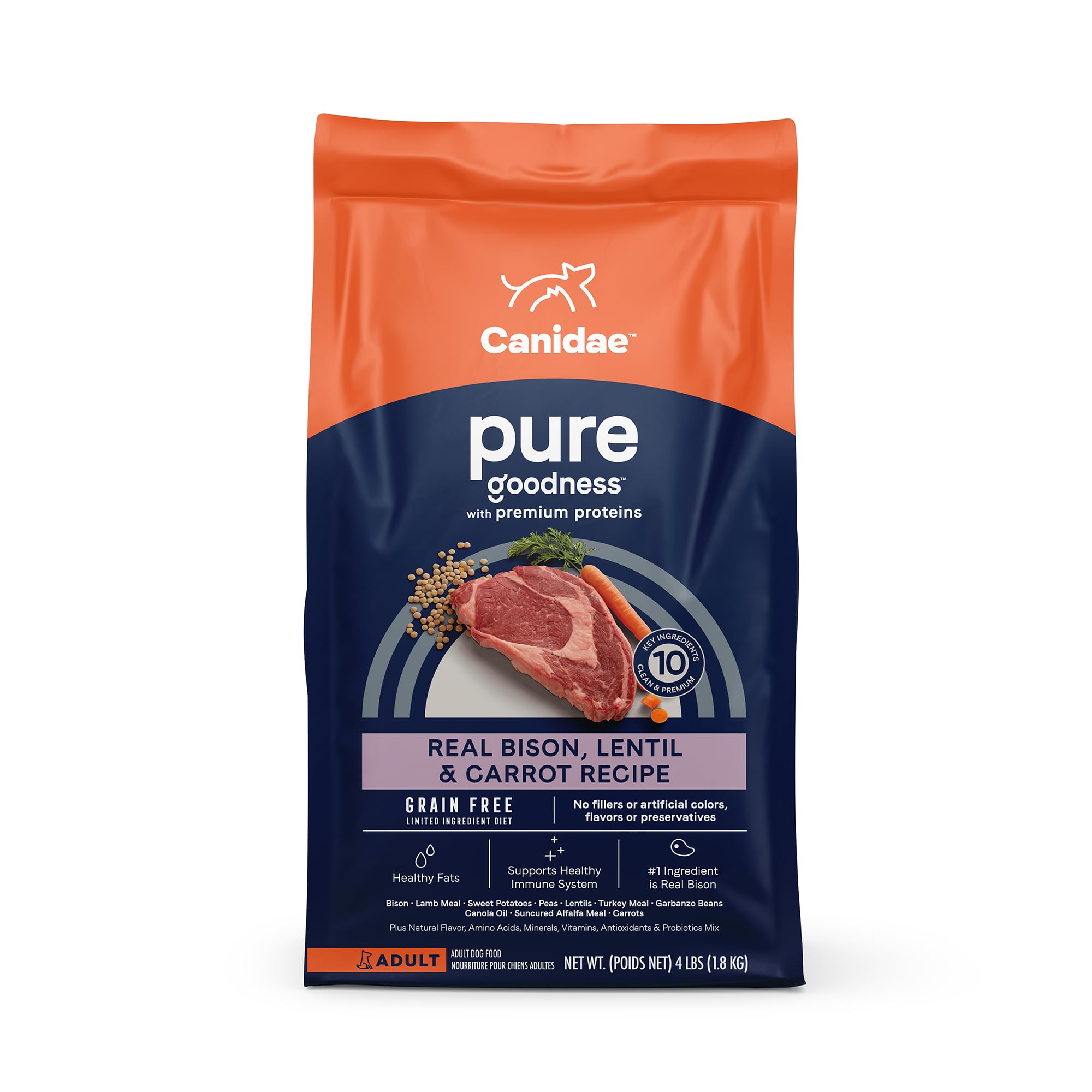 Canidae Pure Limited Ingredient Premium Adult Dry Dog Food, Real Bison, Lentil & Carrot Recipe, 4 lbs, Grain Free