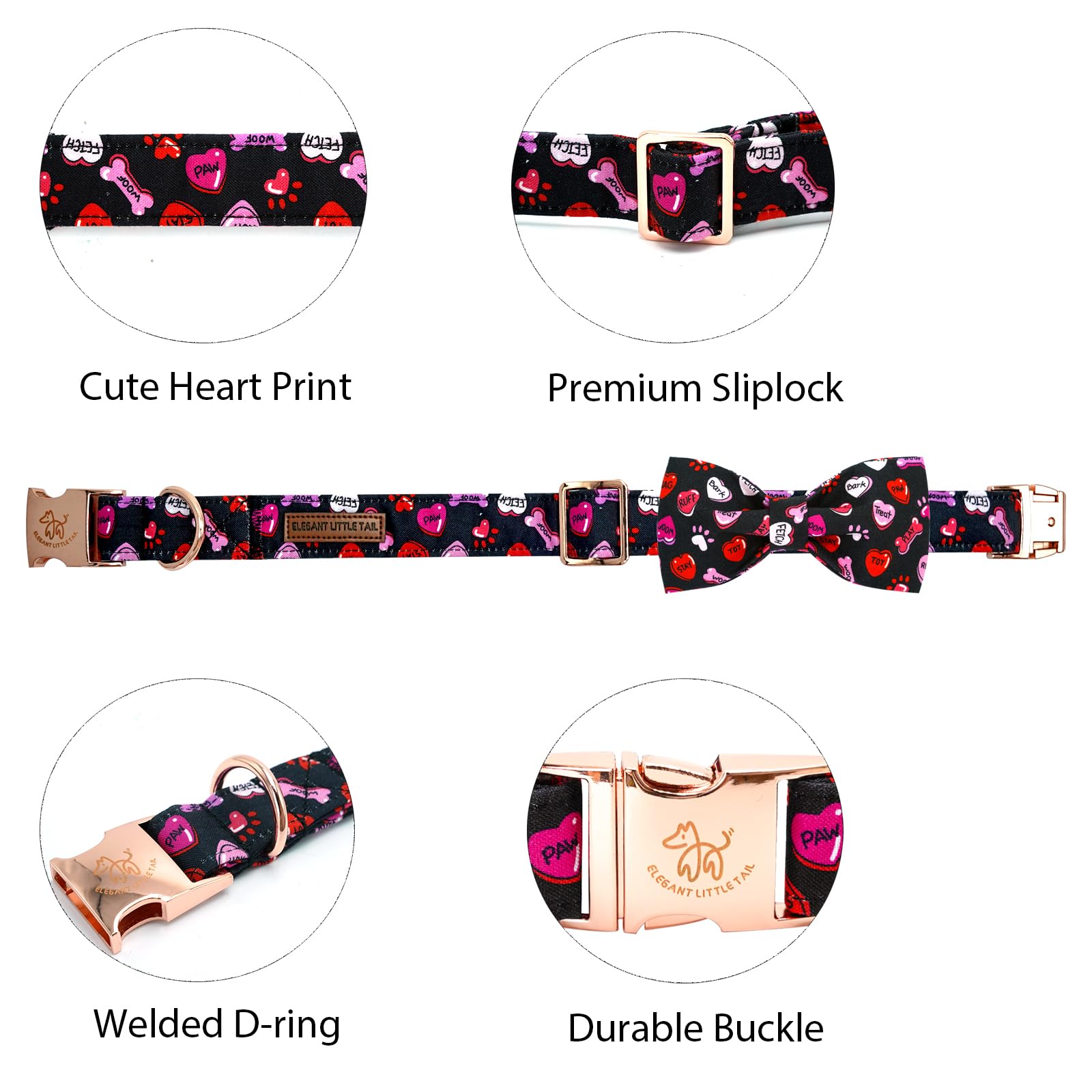 Elegant little tail Valentine's Dog Collar,Cute Heart Dog Collar with Bow for Medium Dogs, Female or Male Adjustable Cotton Pet