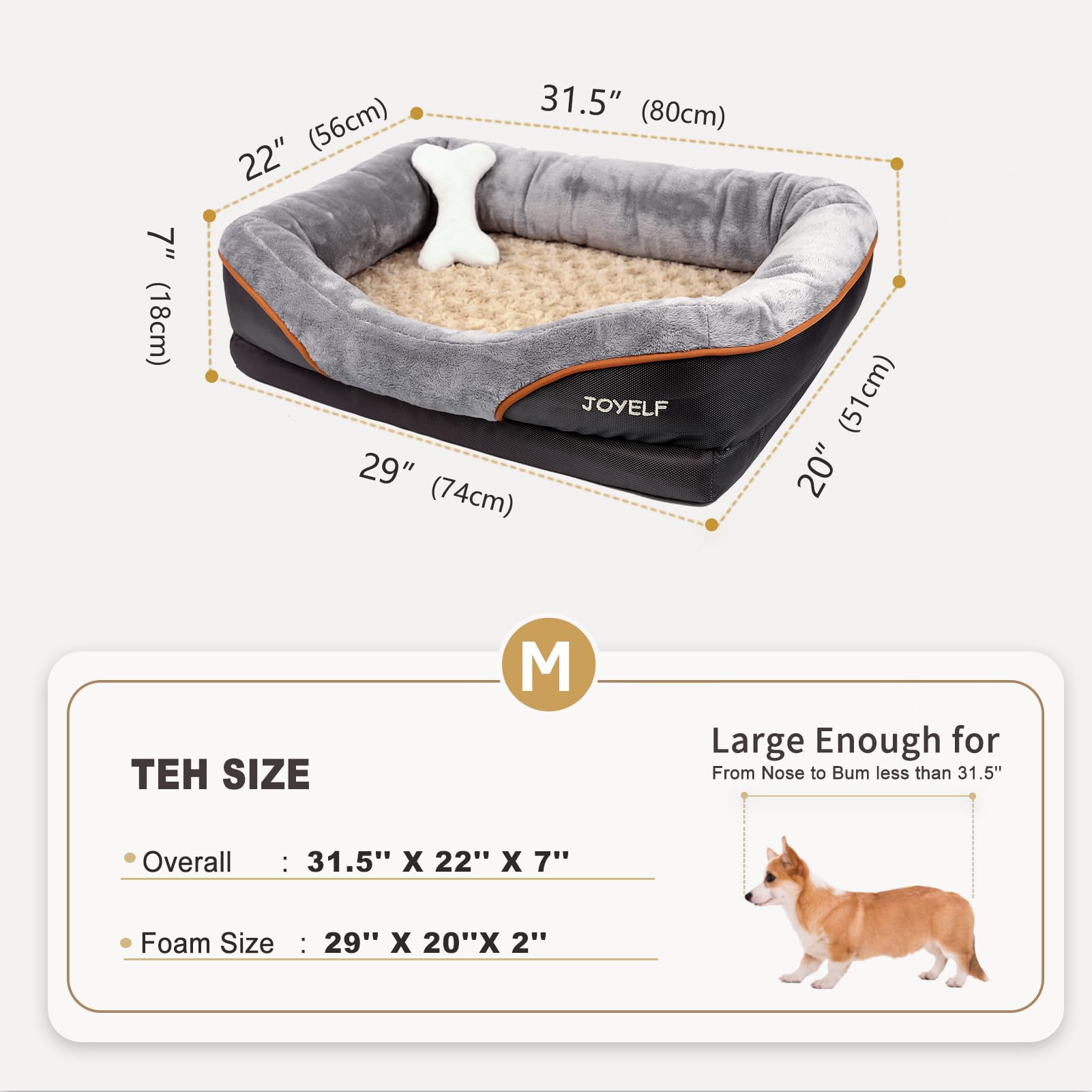 JOYELF Medium Orthopedic Dog Bed - Gray Memory Foam with Removable Cover & Squeaker Toy, Model JEB0010