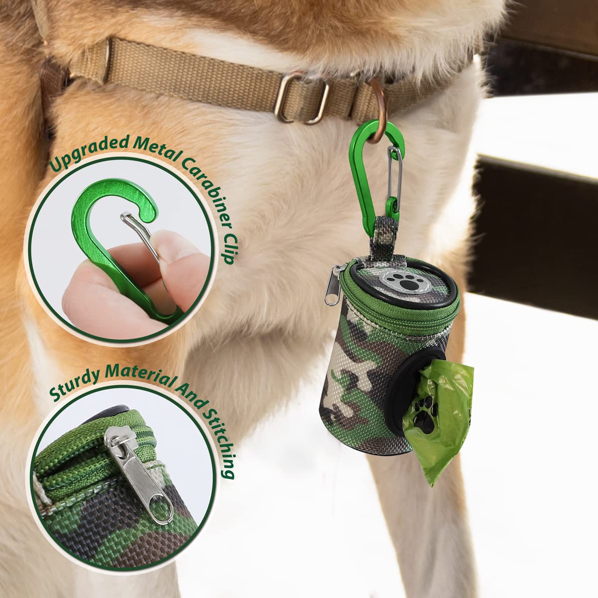 FURHAB Dog Poop Bag Holder - 1680D Nylon, Woodland Camo, Includes 1 Roll of Trash Bags, Model PBD-WLCA, Ideal for Leash Carrying