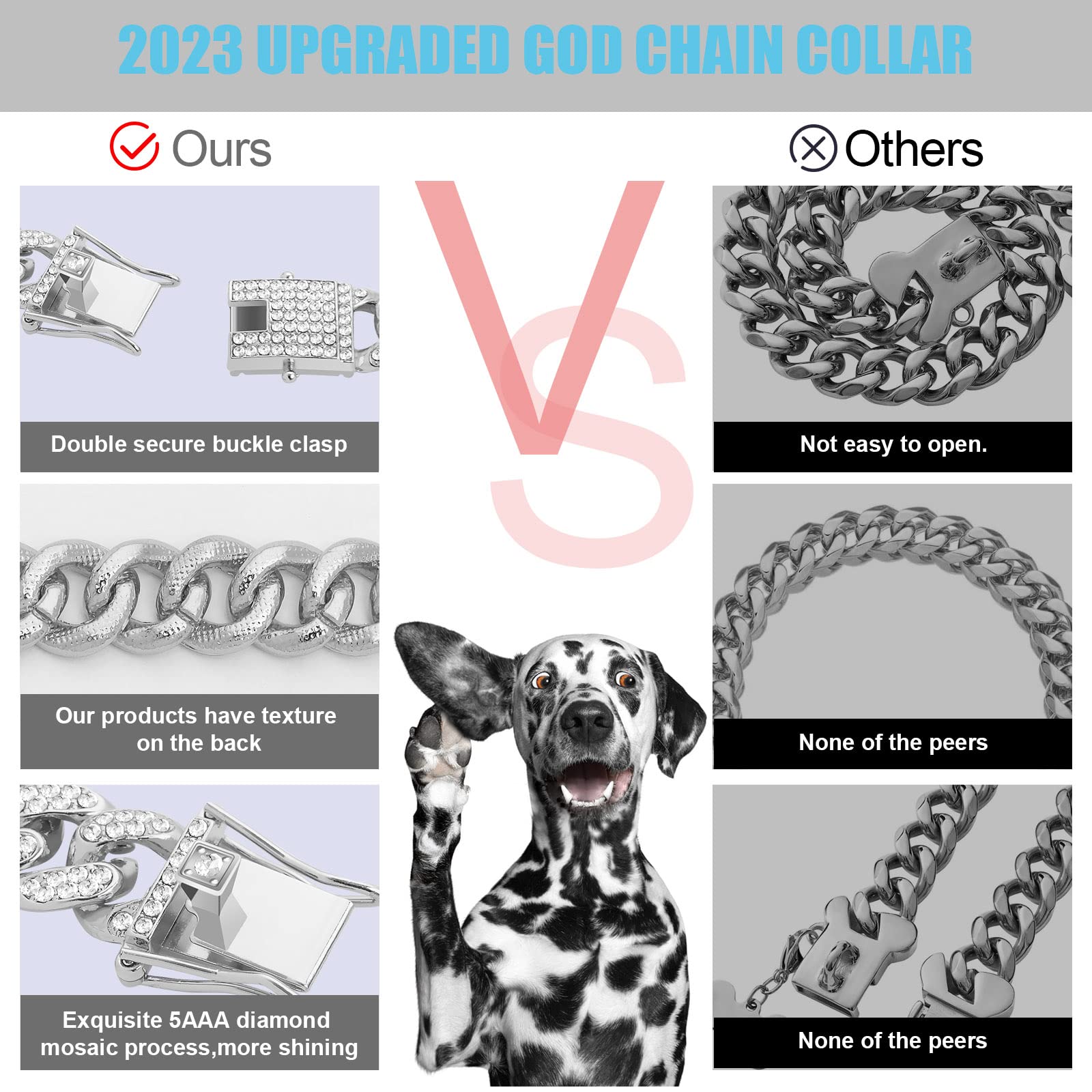 Wimupath Silver-Plated Diamond Dog Collar - Cuban Style Metal Chain With Secure Buckle, Luxury Durable Collar For Small/Medium/L